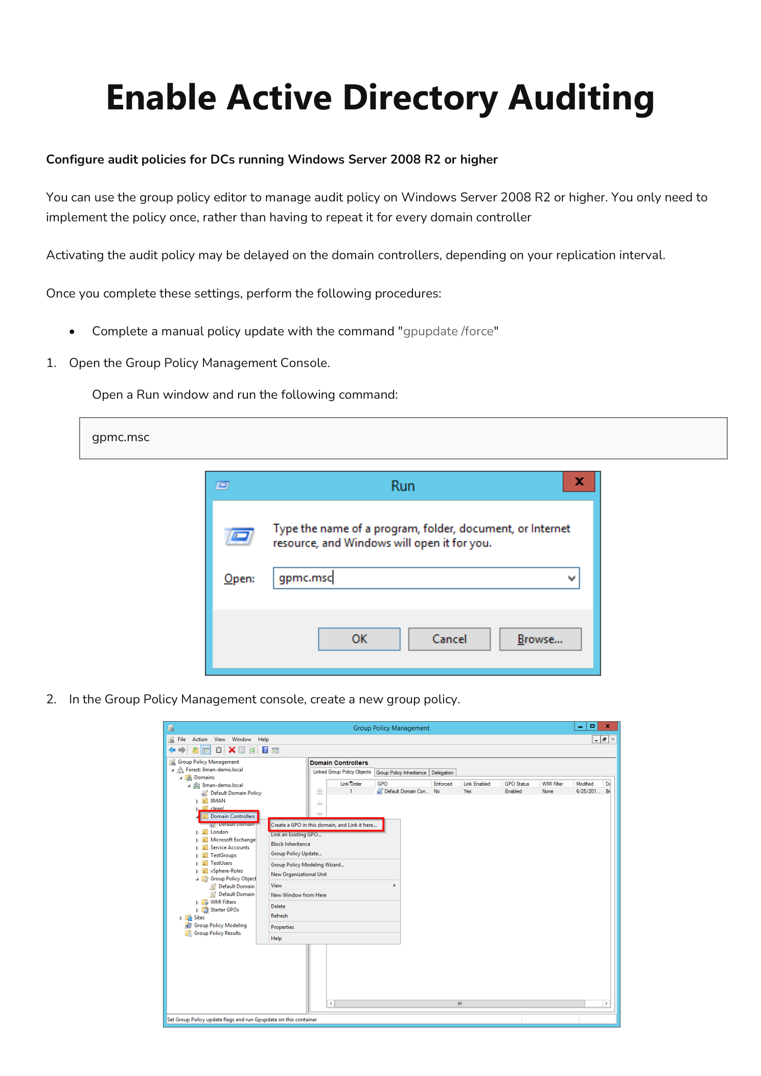 Run dialog with gpmc.msc and Group Policy Management console