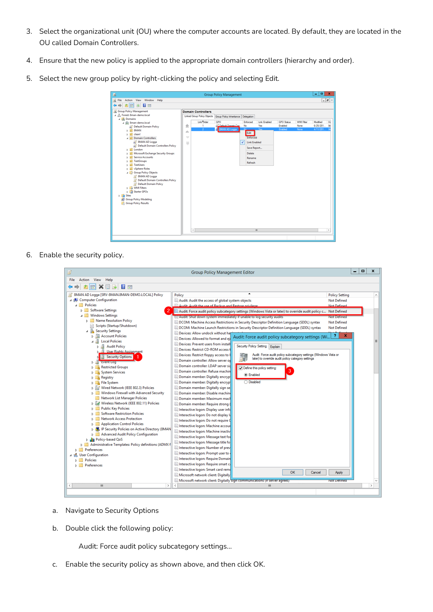 Group Policy Management Editor showing Domain Controllers OU and Force audit policy subcategory setting enabled