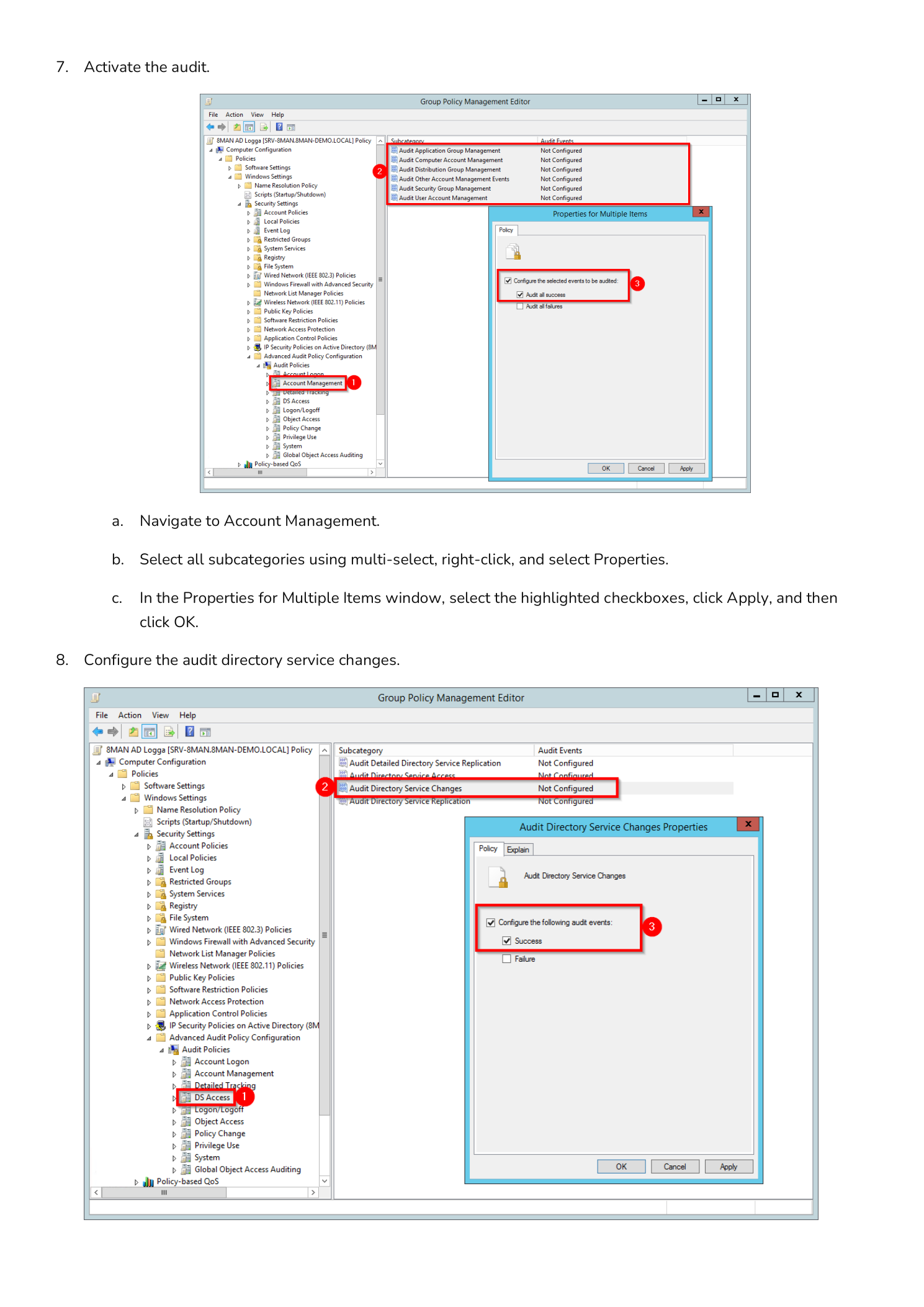 Account Management subcategories selected with Properties dialog and Audit Directory Service Changes configuration