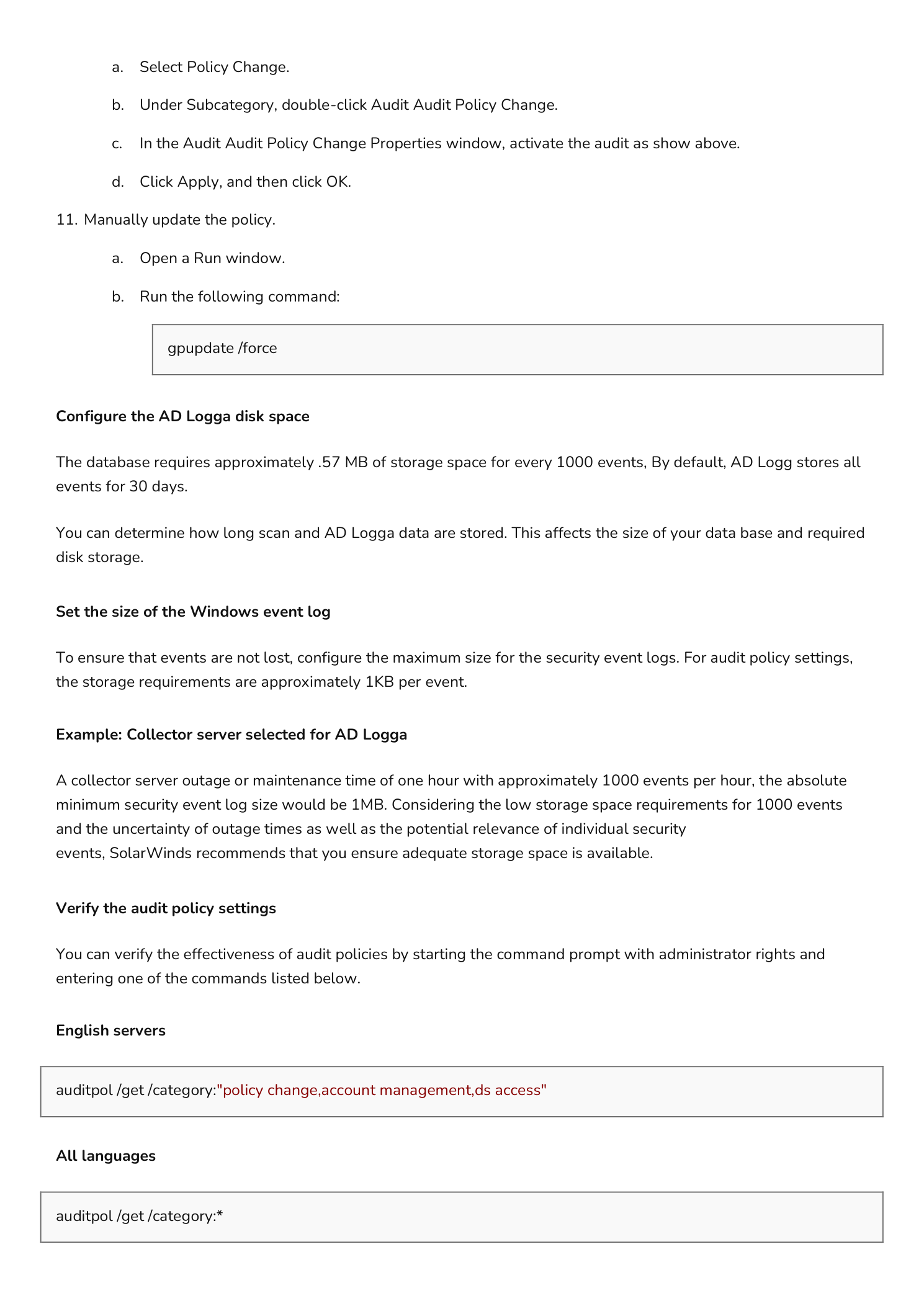 Run dialog executing gpupdate /force and event log storage configuration notes