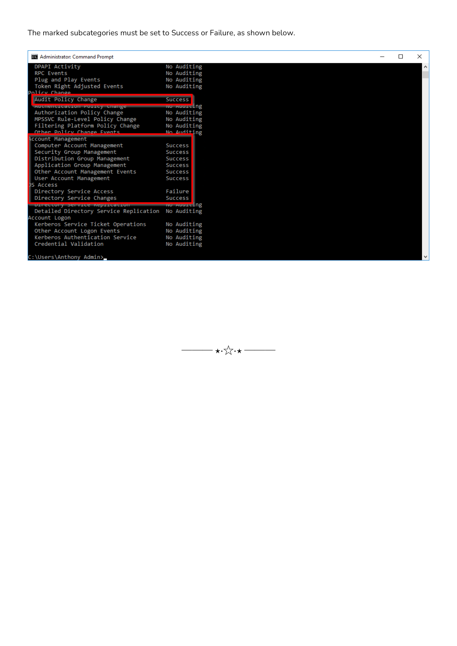 Command prompt showing auditpol output with Success and Failure audit settings highlighted