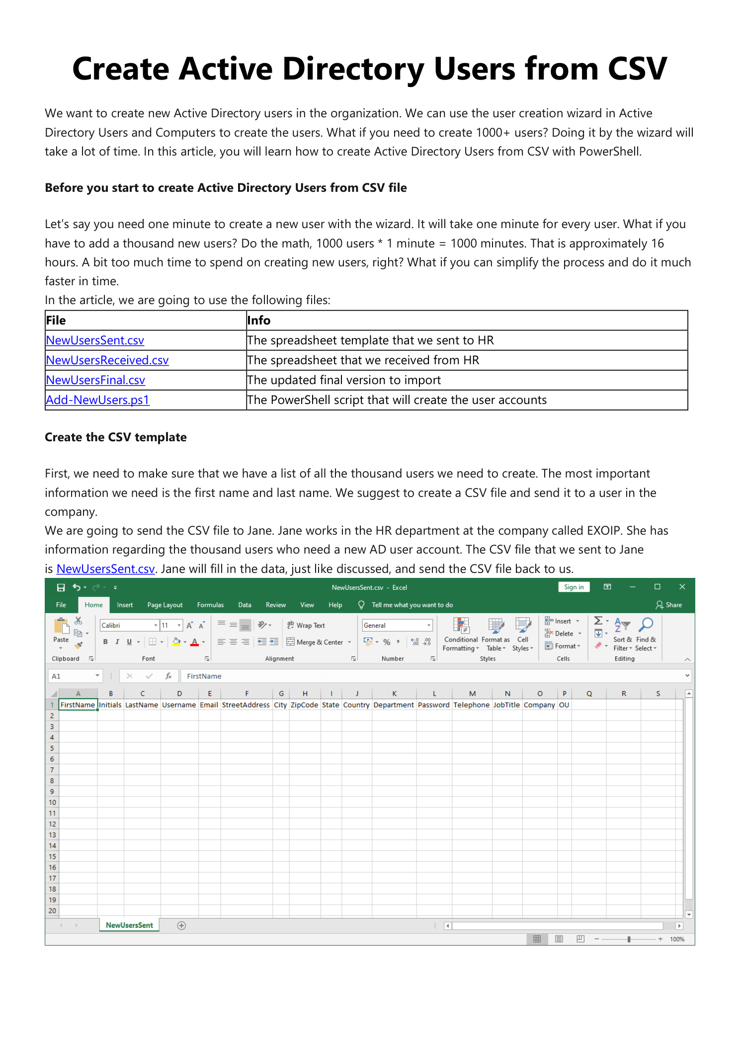 Microsoft Excel showing the empty NewUsersSent.csv template open with the header row containing the columns FirstName, Initials, Lastname, Username, Email, StreetAddress, City, ZipCode, State, Country, Department, JobTitle, Telephone, Password, OU, and Company - all data rows below are blank ready for HR to fill in