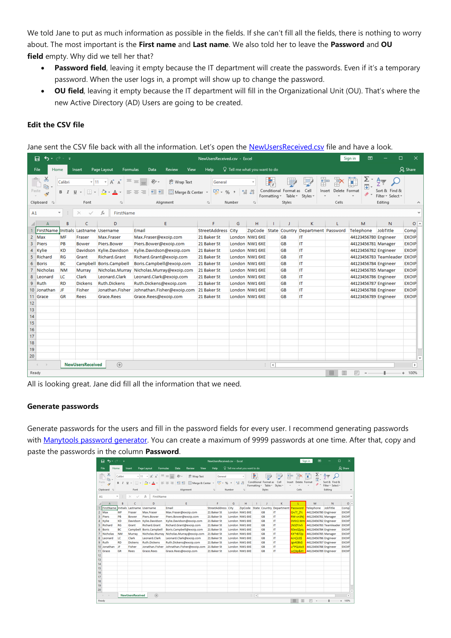 Two screenshots: NewUsersReceived.csv open in Excel filled in by HR with ten user rows showing all attribute columns populated except Password and OU, and below it the Excel sheet again with the Password column being filled in from the Manytools.org password generator