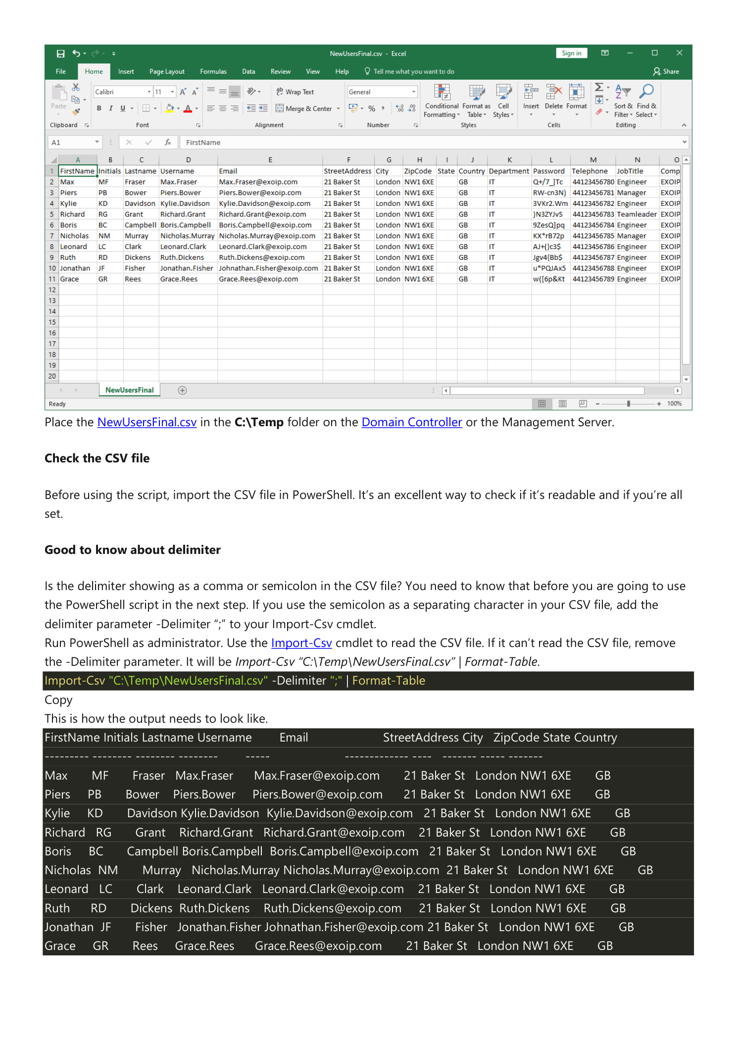 PowerShell window running Import-Csv 'C:\Temp\NewUsersFinal.csv' -Delimiter ';' | Format-Table showing the imported CSV in tabular form with all the user attributes populated correctly for all ten users