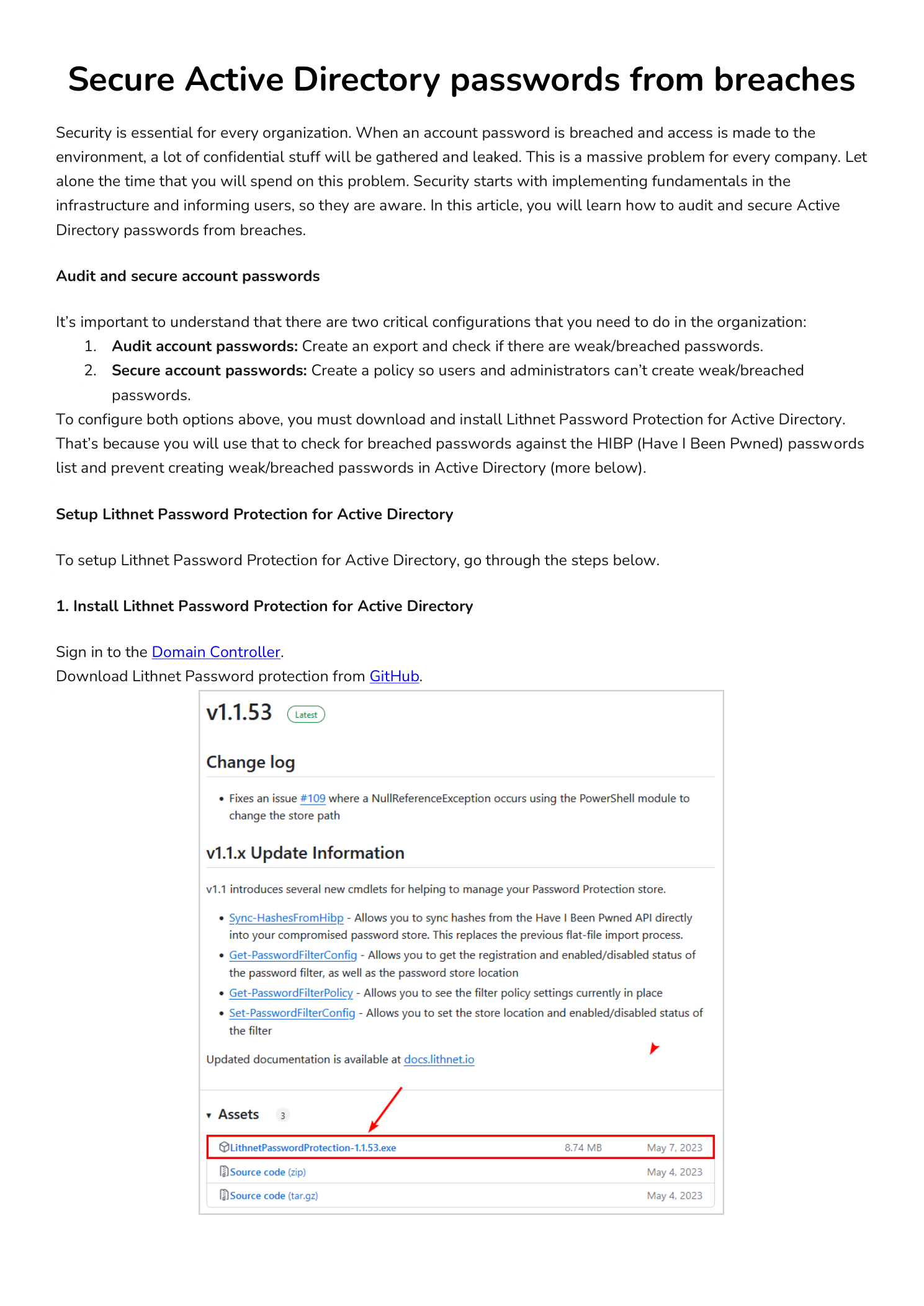 Lithnet Password Protection for Active Directory v1.1.53 release page on GitHub showing the change log and the Assets section at the bottom of the page with a red arrow drawn pointing at the LithnetPasswordProtection-1.1.53.msi installer download link