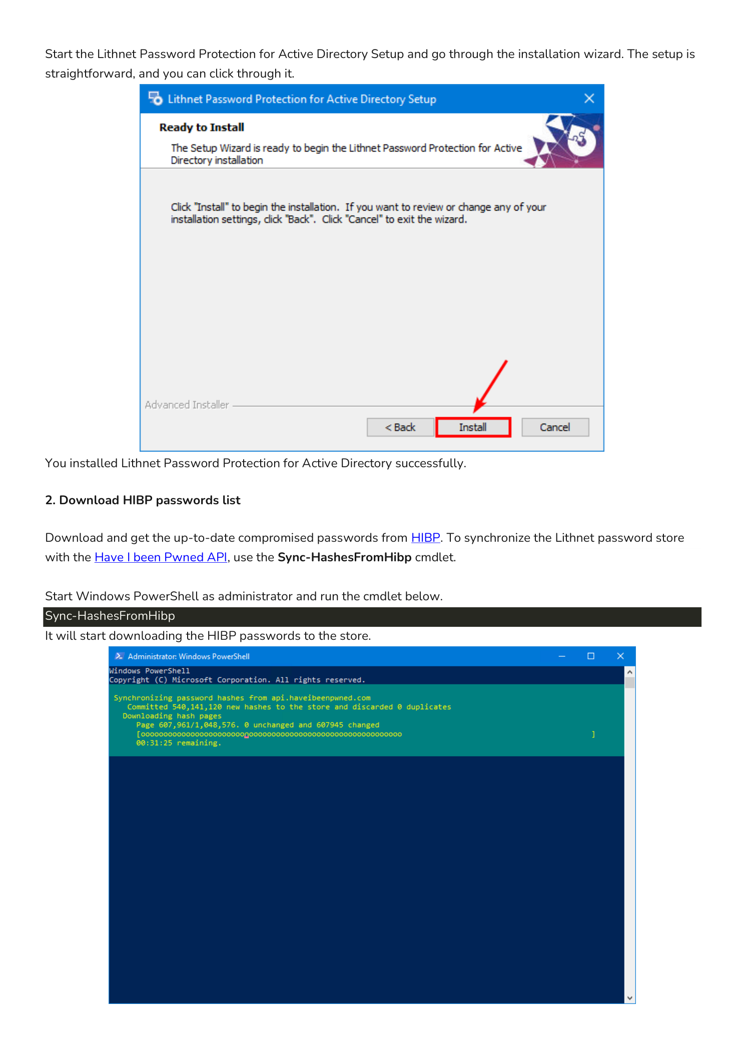 Two Windows screenshots: the Lithnet Password Protection for Active Directory installer Setup Wizard at the Ready to Install step with Back, Install, and Cancel buttons (Install highlighted by a red arrow), and a Windows PowerShell administrator window running the Sync-HashesFromHibp cmdlet pulling the Have I Been Pwned compromised password hashes into the local store