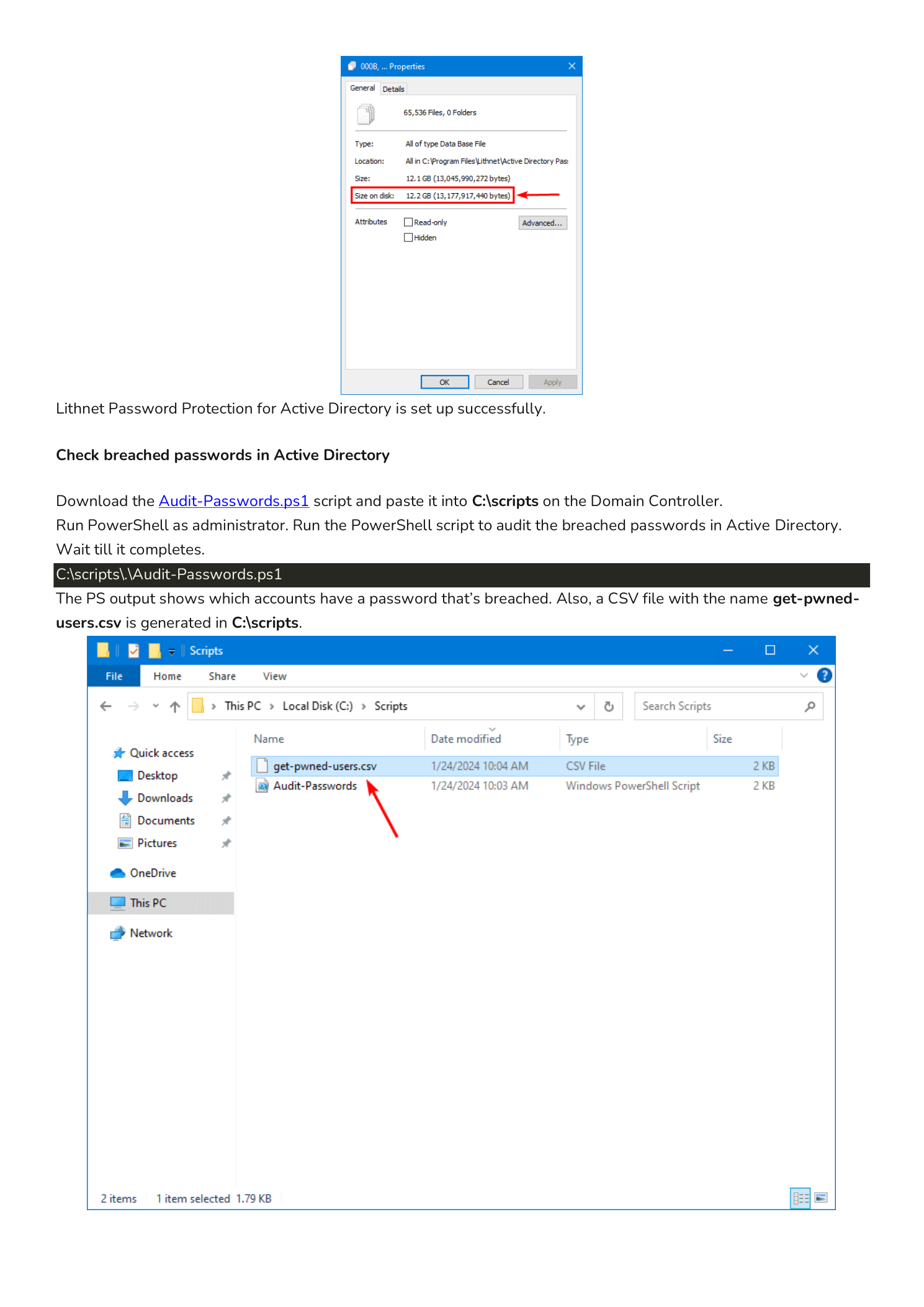 Two screenshots: a Windows folder Properties dialog reporting a folder size of 12.2 GB confirming the Lithnet HIBP store on disk, and a File Explorer view of C:\scripts containing two files - get-pwned-users.csv (CSV file) and Audit-Passwords.ps1 (Windows PowerShell Script) with a red arrow pointing at the CSV output file