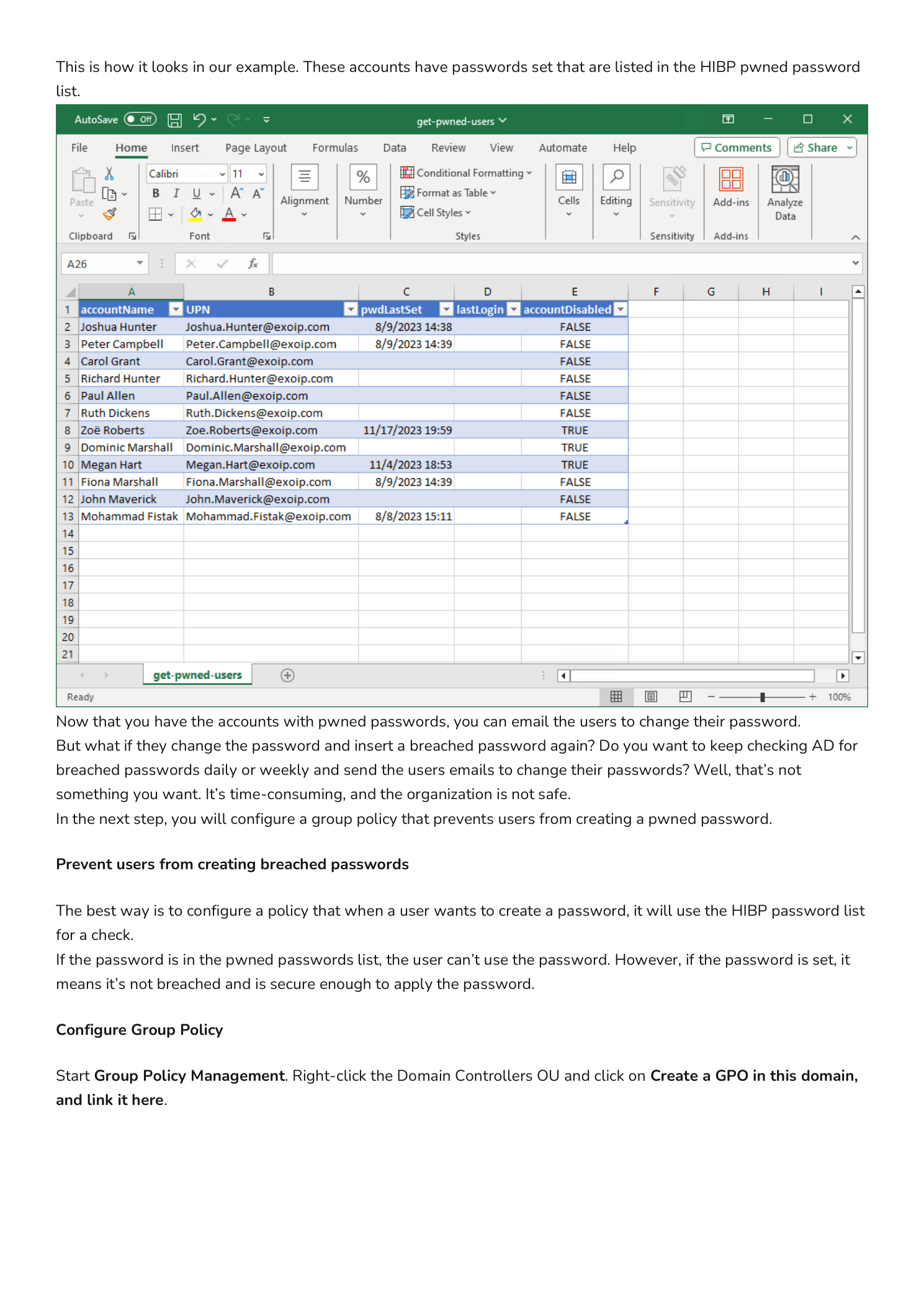 Microsoft Excel showing the get-pwned-users.csv output file with columns accountName, UPN, pwdLastSet, lastLogon, accountDisabled, listing several Active Directory user accounts (Joshua Hunter, Peter Campbell, Carol Grant, Richard Hunter, Paul Allen, Ruth Dickens, Zoe Roberts, Dominic Marshall, Megan Hart, Fiona Marshall, John Maverick, Mohammed Frotak) with TRUE/FALSE flags indicating whether each accountDisabled