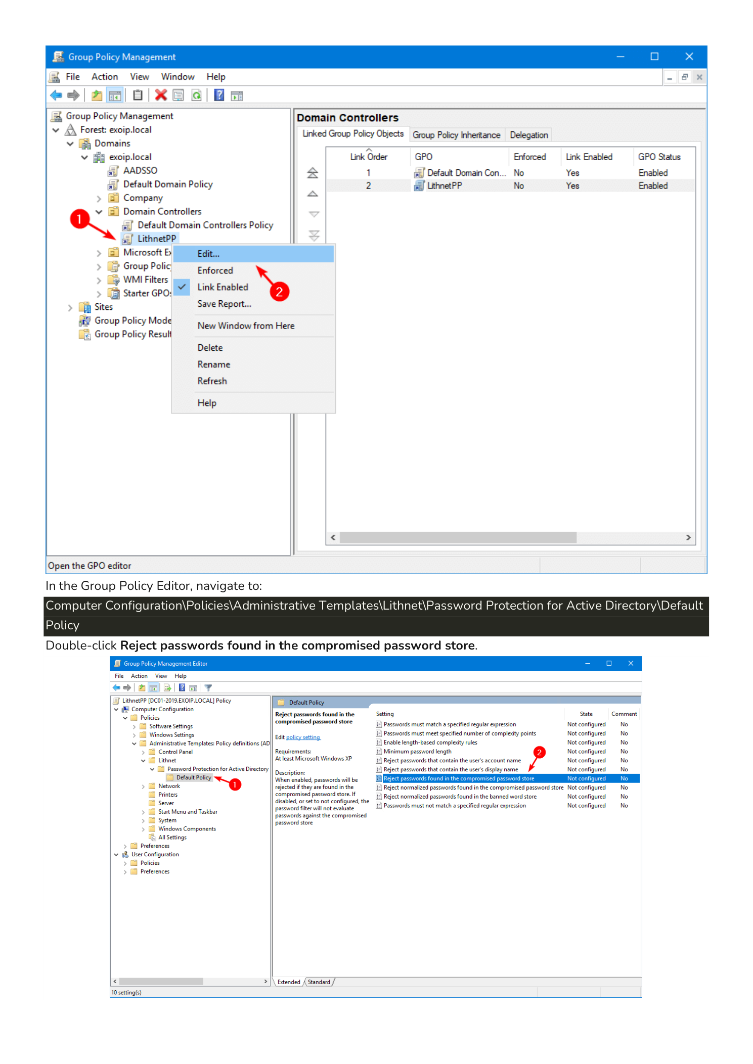 Two screenshots: GPMC showing a right-click on the LithnetPP GPO with Edit highlighted in the context menu, and the Group Policy Management Editor open at Computer Configuration / Policies / Administrative Templates / Lithnet / Password Protection for Active Directory / Default Policy with the setting Reject passwords found in the compromised password store highlighted in the right-hand pane