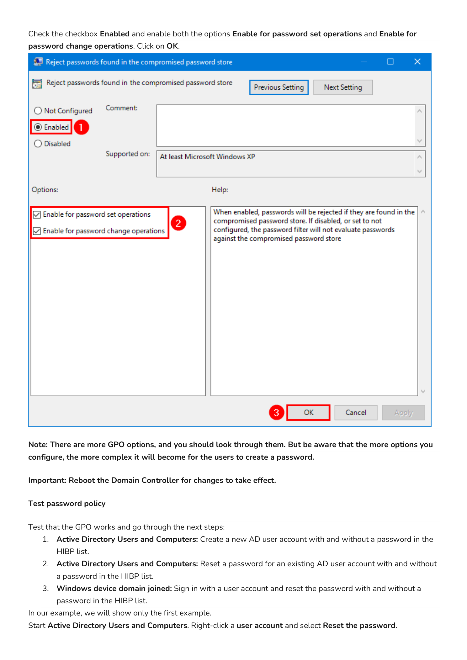 Reject passwords found in the compromised password store GPO setting dialog with the Enabled radio button selected at the top, and below it in the Options pane two checkboxes both ticked: Enable for password set operations and Enable for password change operations, with the OK button at the bottom highlighted by a red arrow