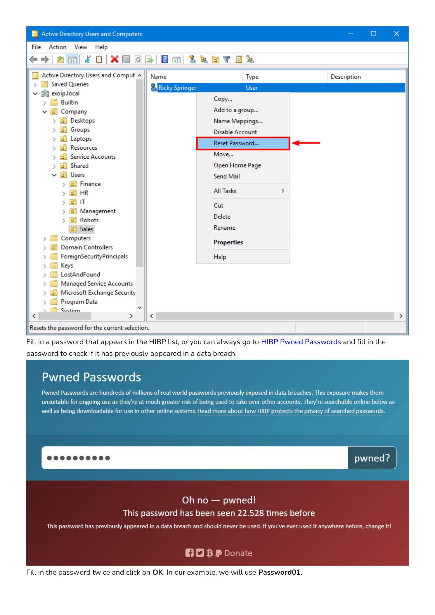 Two screenshots: Active Directory Users and Computers with a user account (Ricky Springer) right-clicked and the Reset Password option highlighted in red in the context menu, and below it the Have I Been Pwned Pwned Passwords web page showing a queried password as 'Oh no - pwned! This password has been seen 22,528 times before'