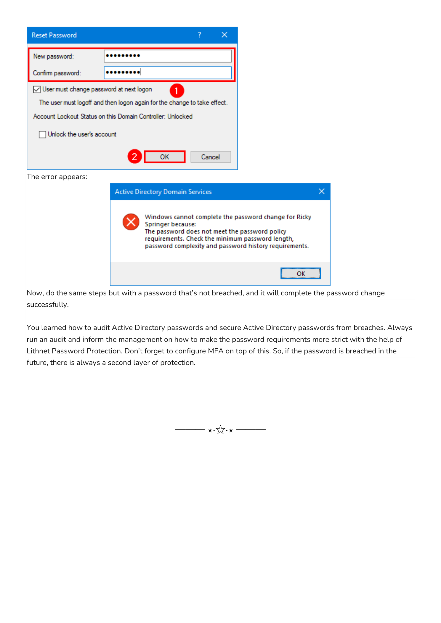 Two screenshots: the Reset Password dialog in ADUC with New password and Confirm password fields filled in and the OK button highlighted, followed by an Active Directory Domain Services error popup reading 'Windows cannot complete the password change for Ricky Springer because: The password does not meet the password policy requirements. Check the minimum password length, password complexity and password history requirements.' which is what Lithnet returns for a pwned password