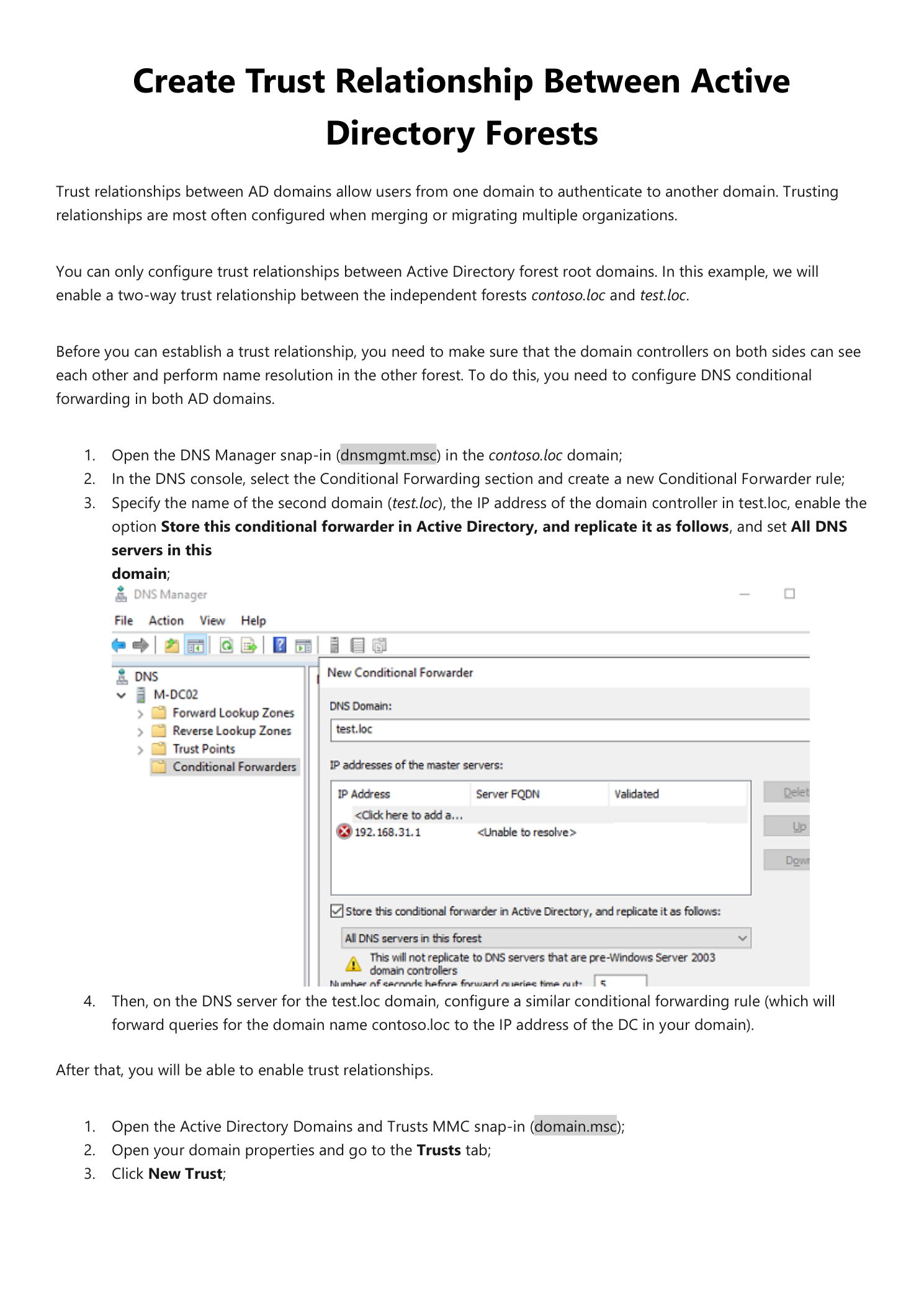 DNS Manager showing new conditional forwarder dialog configured for test.loc