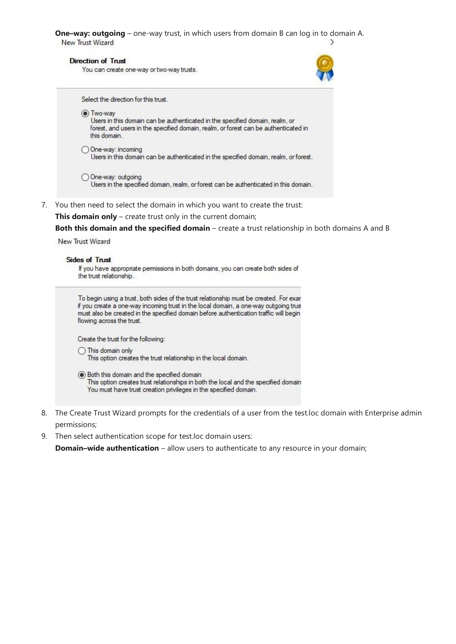 Trust Direction dialog showing Two-way selected and Sides of Trust showing Both this domain and the specified domain selected