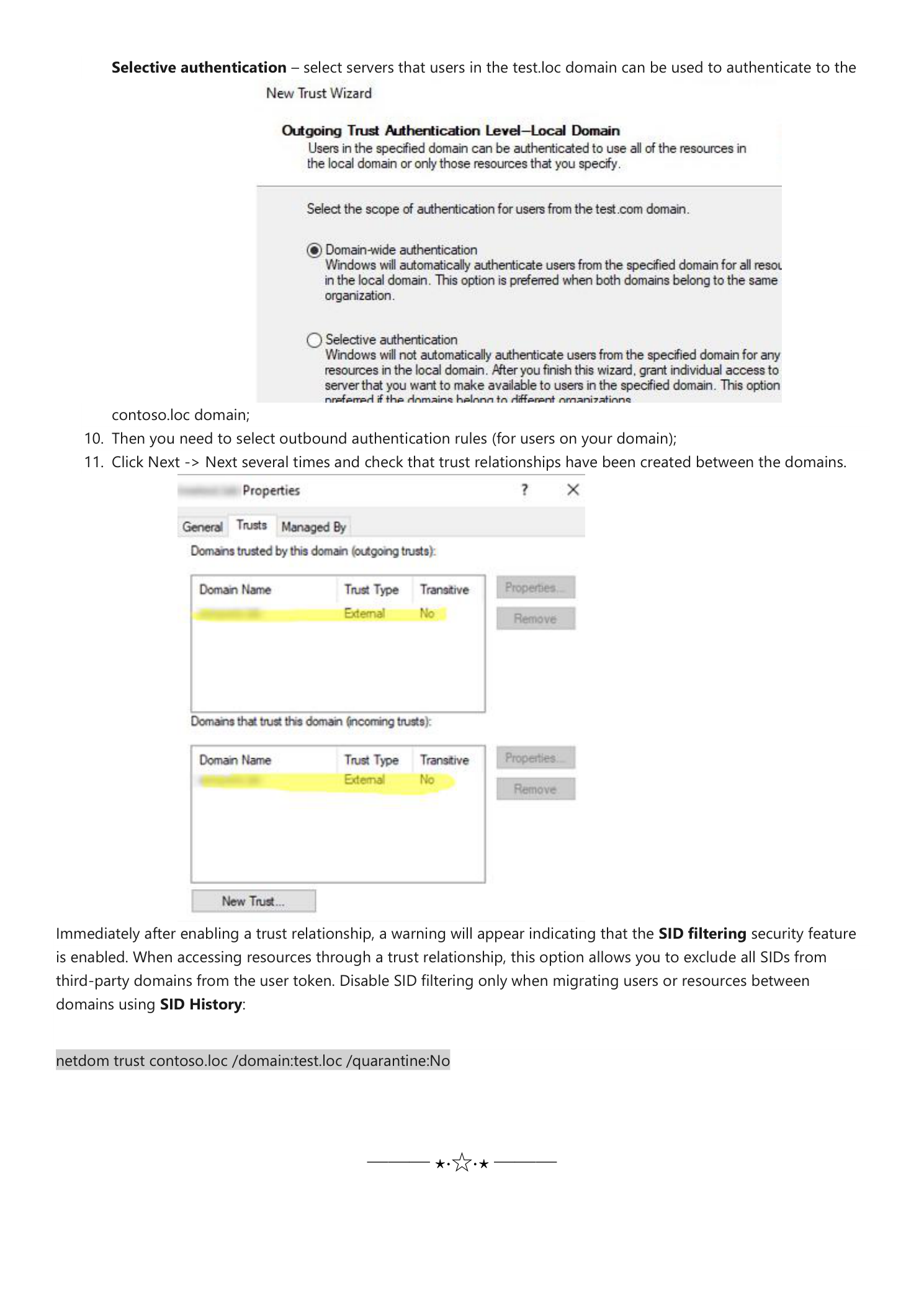 Authentication Level dialog showing Domain-wide authentication selected and final Properties dialog confirming the trust was created