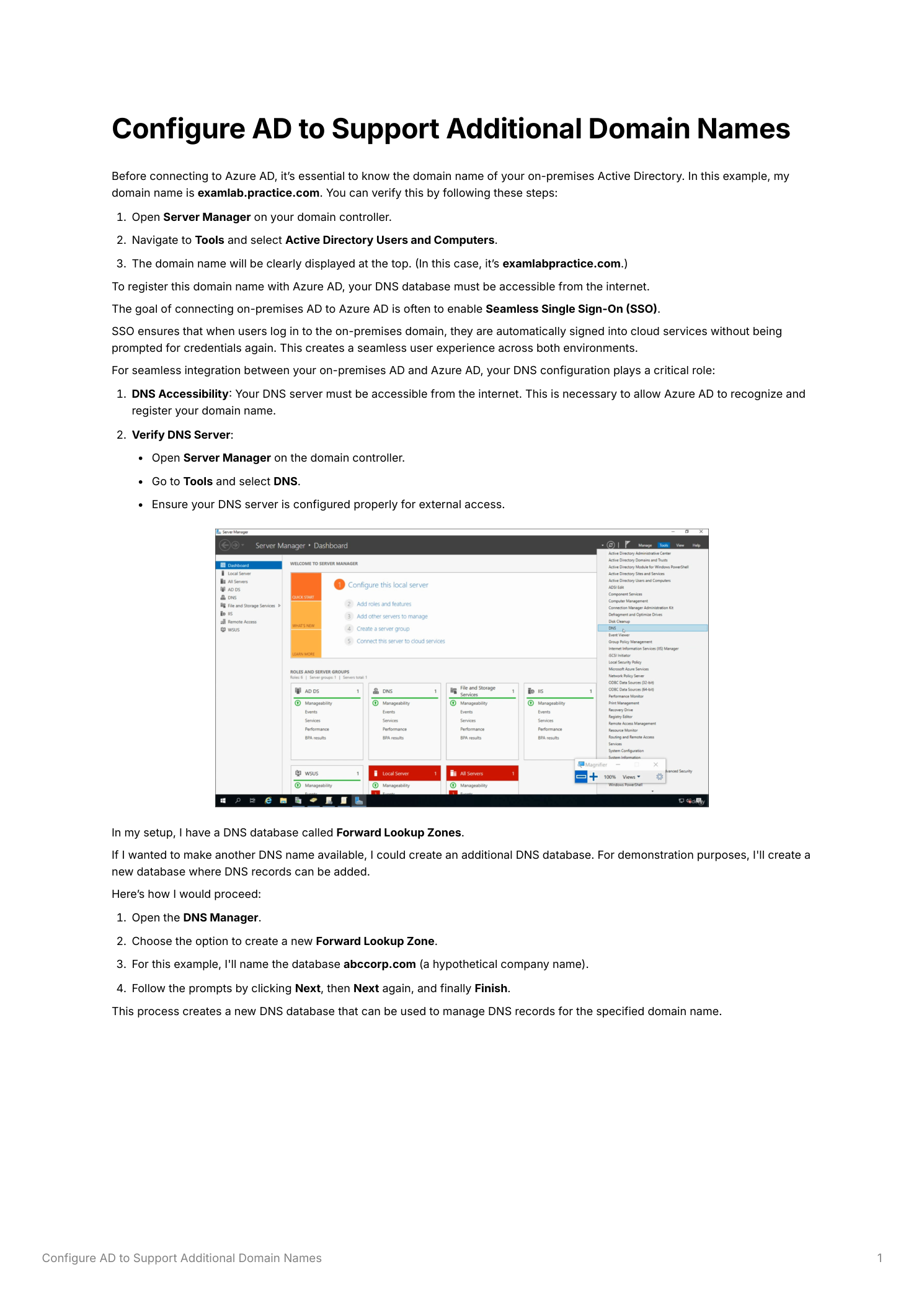 Server Manager DNS console showing Forward Lookup Zones with the domain DNS database