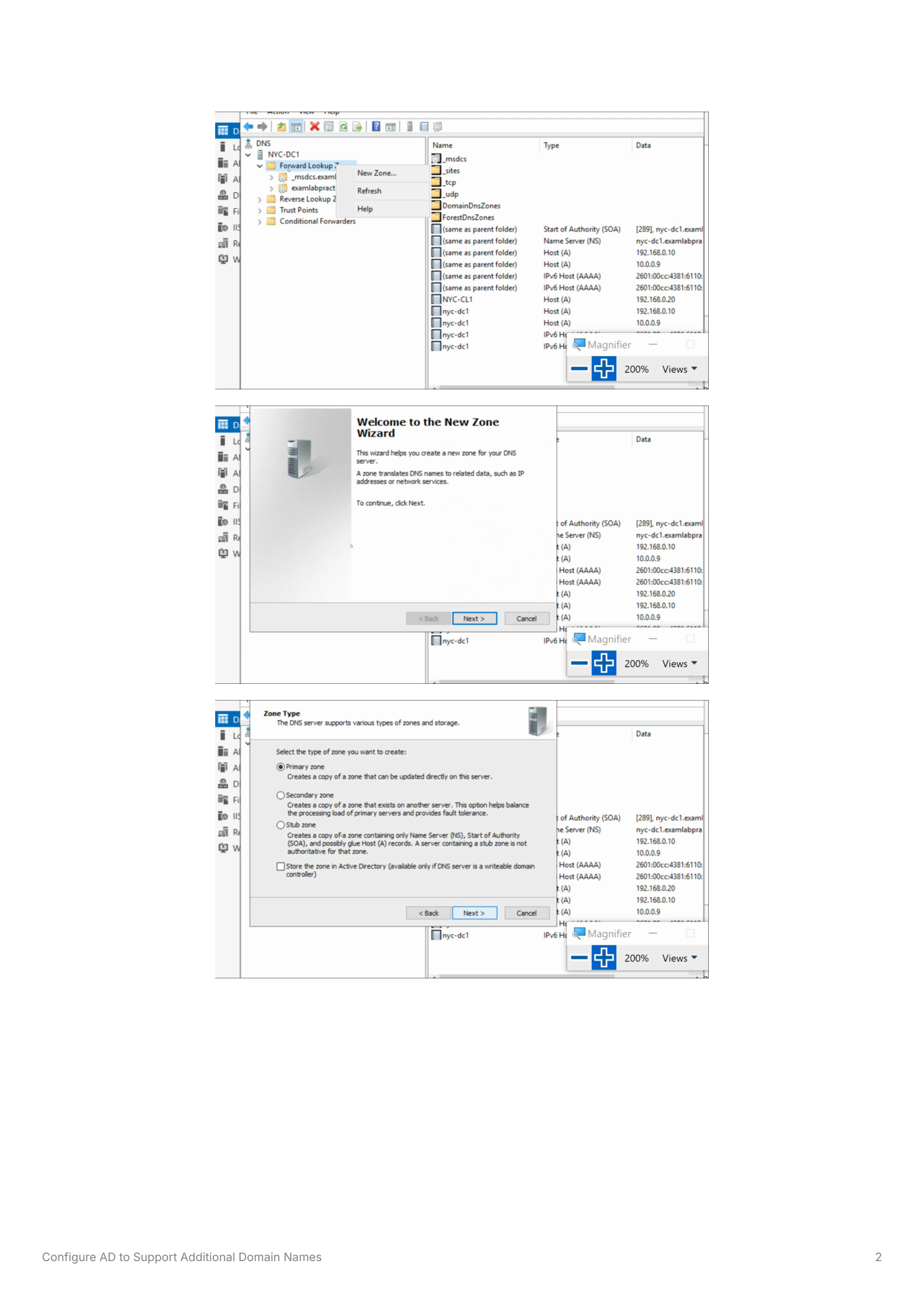 DNS Manager with New Zone context menu and the opening screen of the New Zone Wizard
