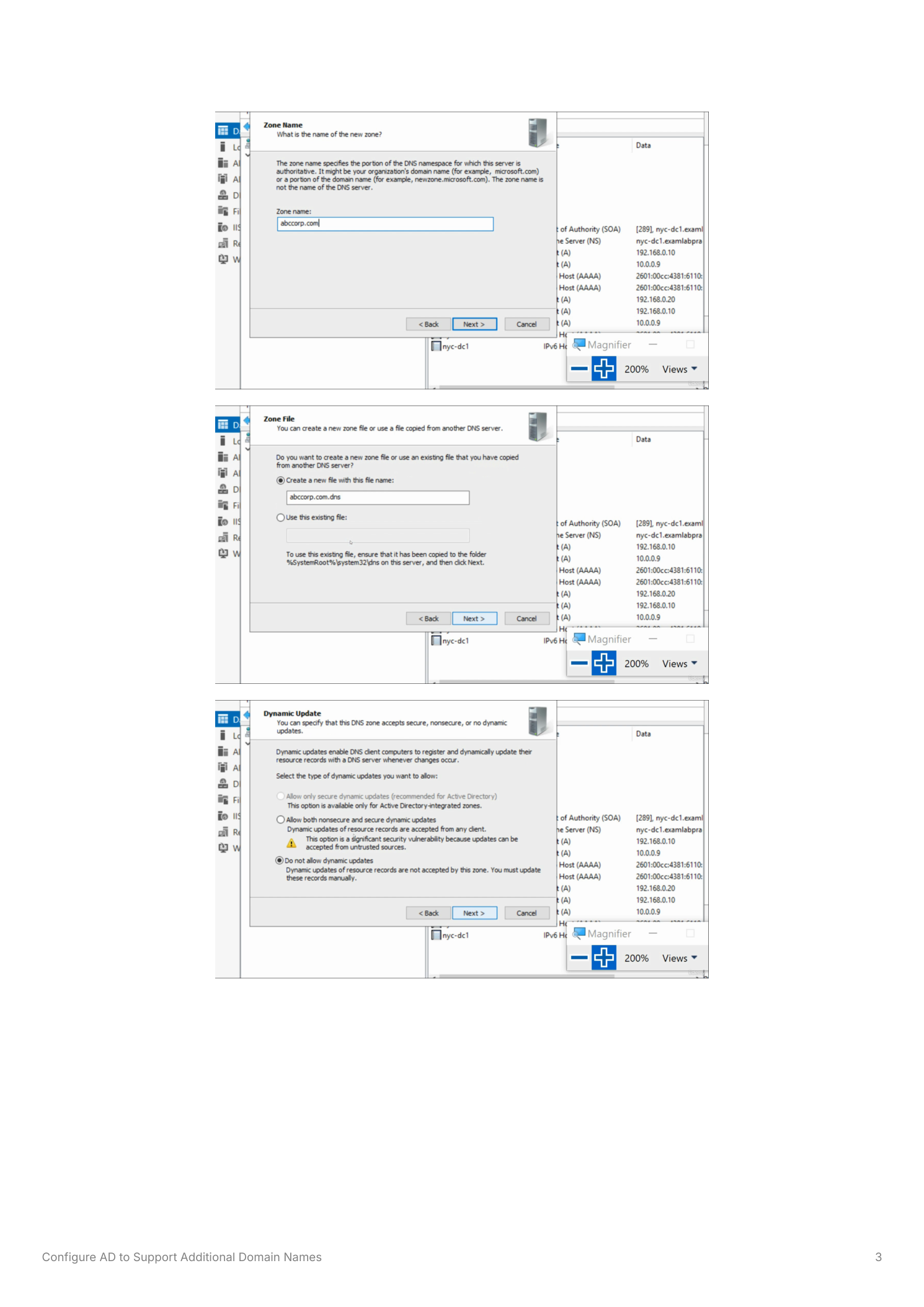 New Zone Wizard showing zone name entry field set to abc.corp.com and zone file configuration