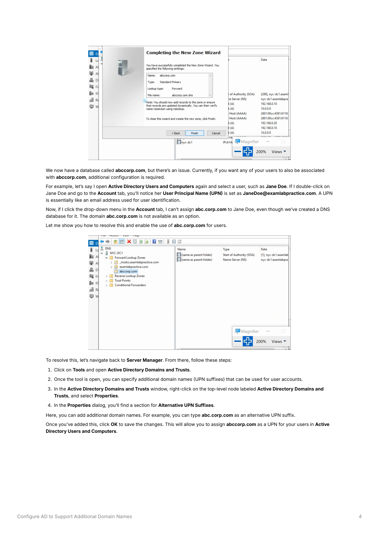 Completing the New Zone Wizard summary and the DNS Manager showing the new abc.corp.com zone created