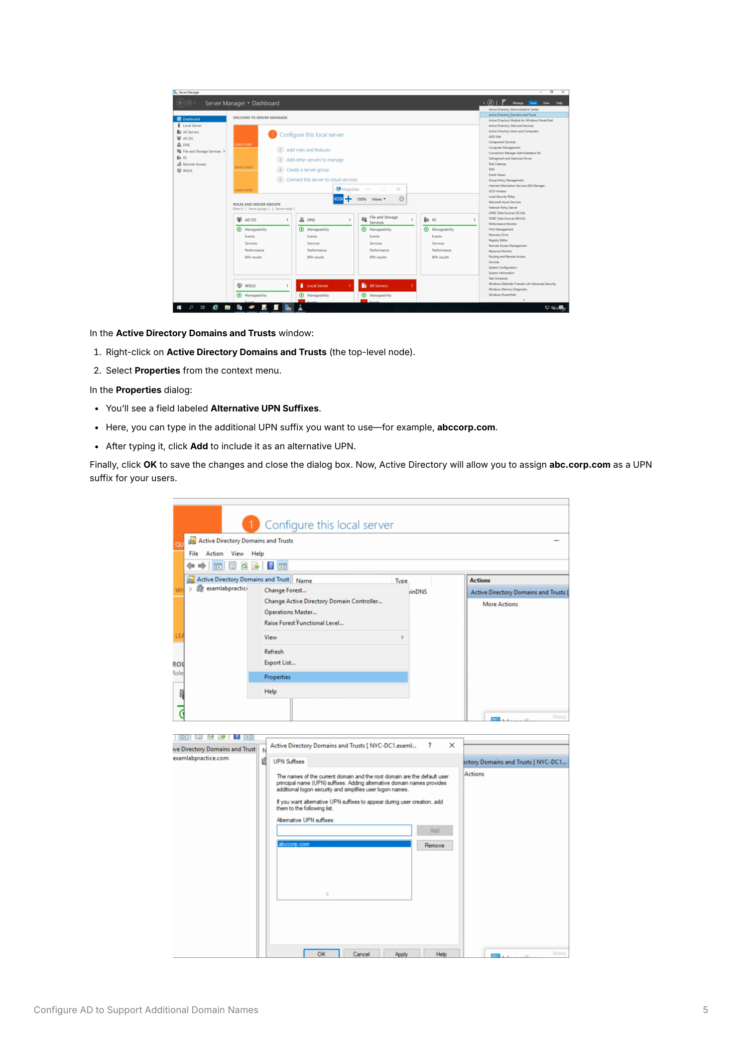 Active Directory Domains and Trusts console with Properties context menu and the Alternative UPN Suffixes dialog
