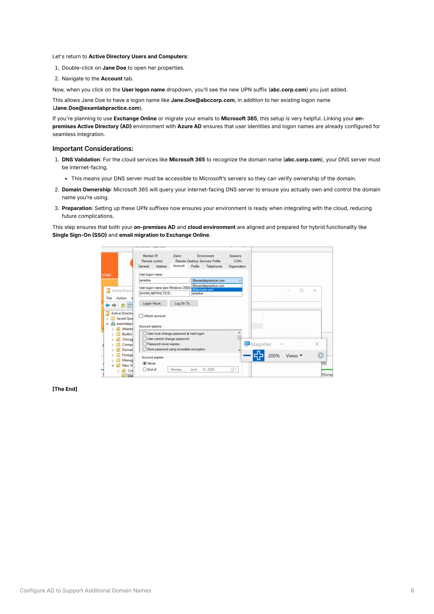 Active Directory Users and Computers showing user account properties with the new abc.corp.com UPN suffix available in the logon name dropdown