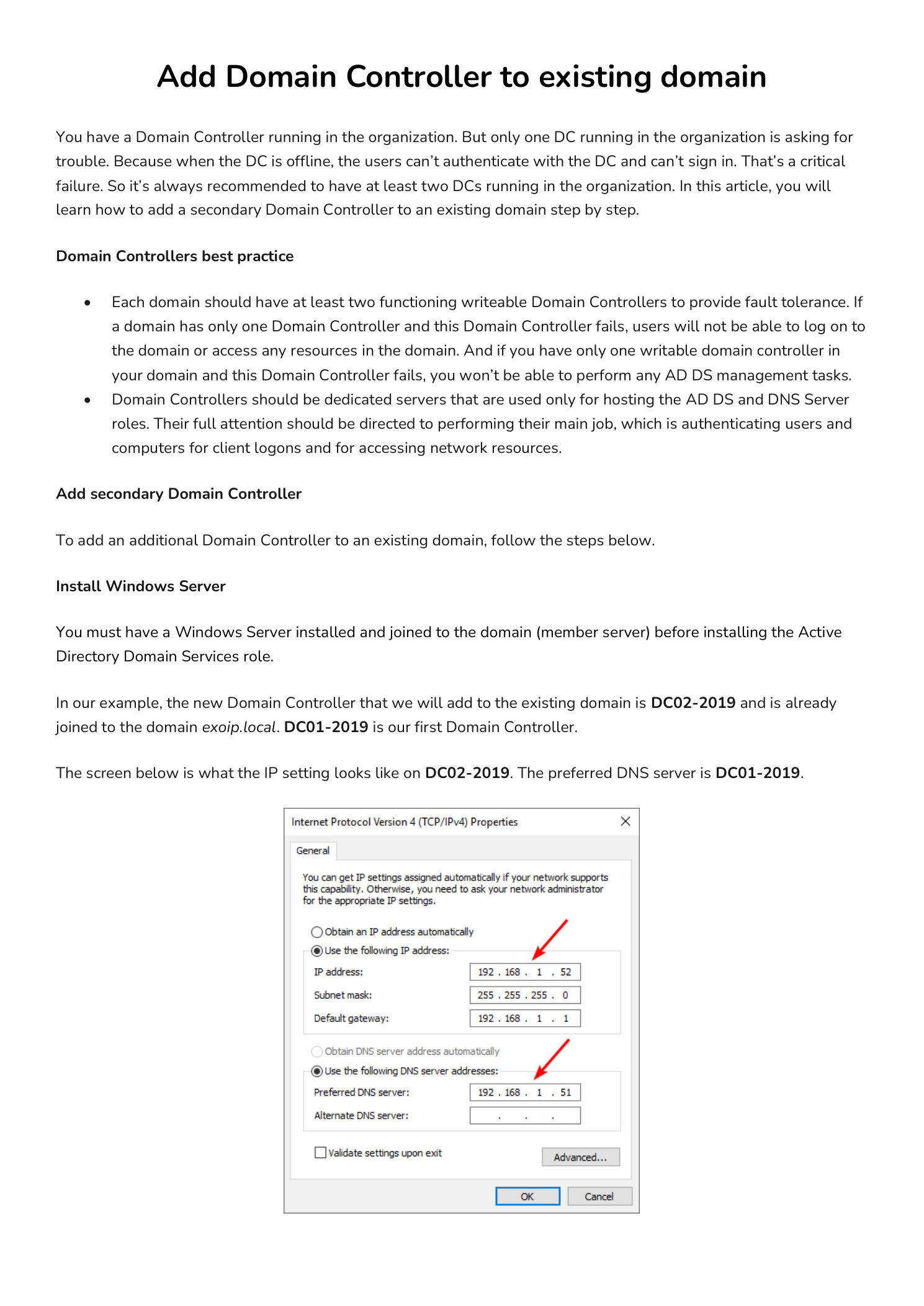 Internet Protocol Version 4 (TCP/IPv4) Properties dialog on member server DC02-2019 showing static IP address 192.168.1.52 with subnet 255.255.255.0, default gateway 192.168.1.1, and Preferred DNS server set to 192.168.1.51 which is the existing Domain Controller DC01-2019
