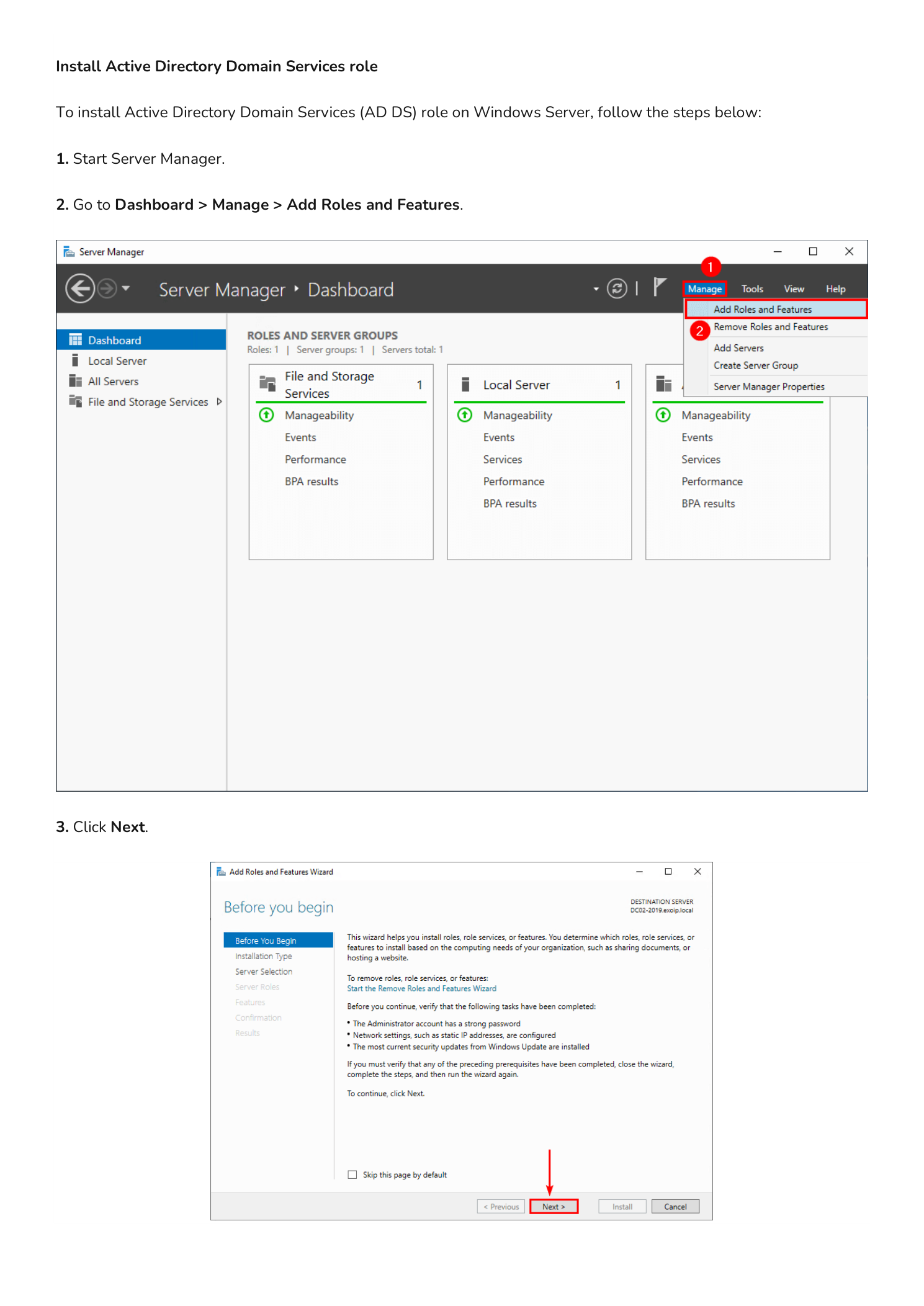 Windows Server Manager Dashboard with the Manage menu open and Add Roles and Features highlighted, alongside the Add Roles and Features Wizard Before You Begin page with the Next button highlighted