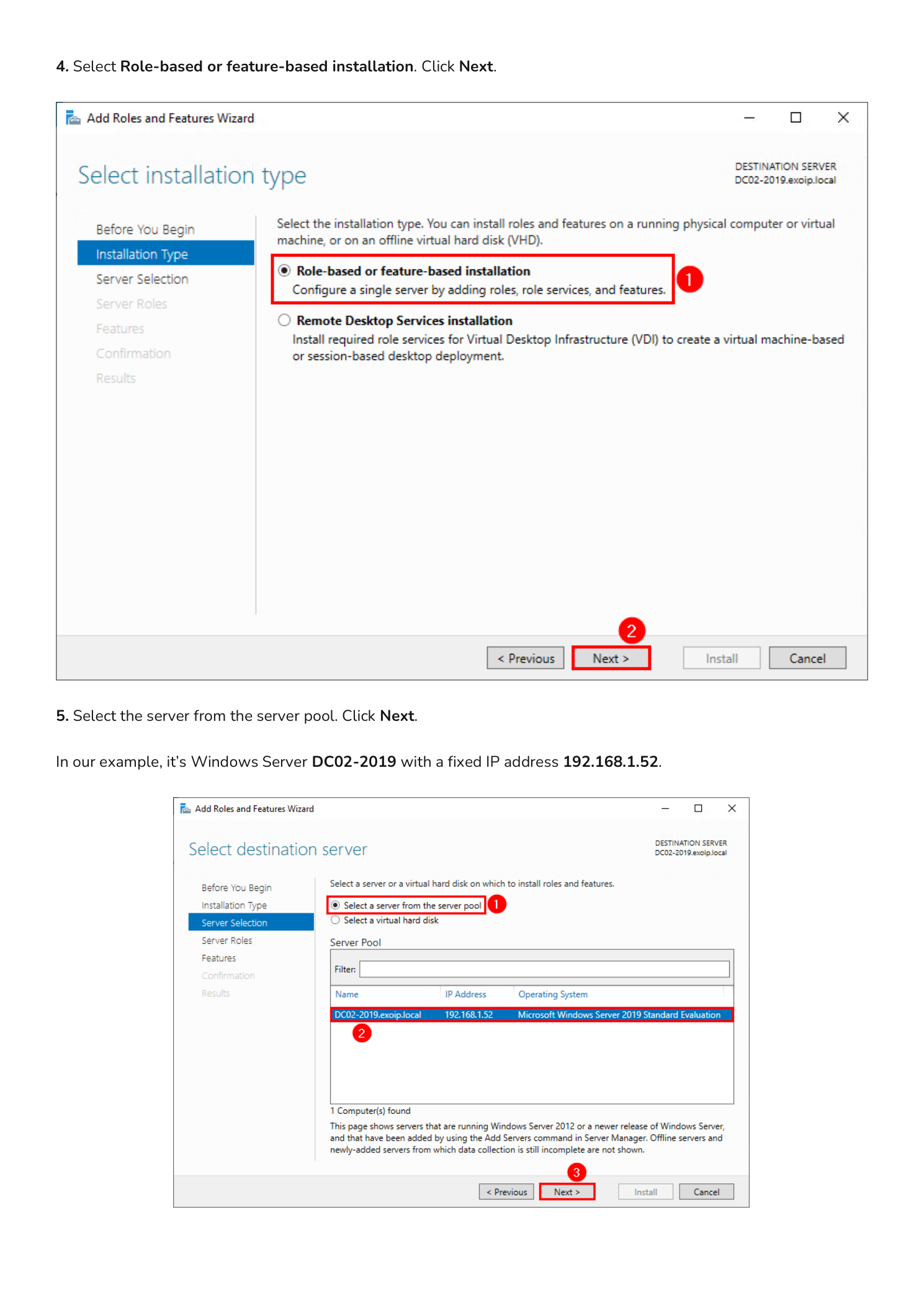 Select installation type page with Role-based or feature-based installation selected, and the Select destination server page showing DC02-2019 with IP 192.168.1.52 selected from the server pool