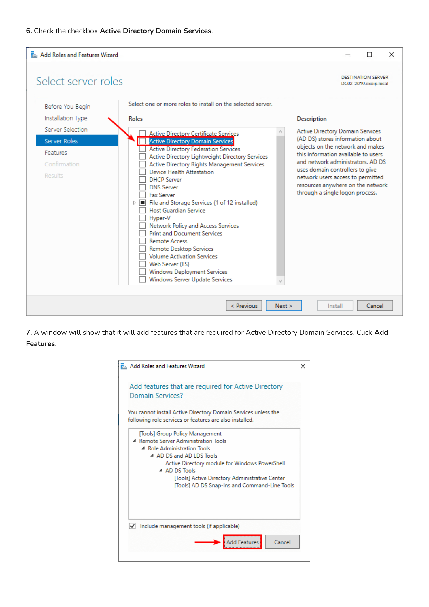 Select server roles page with the Active Directory Domain Services checkbox being selected, and the Add features that are required for Active Directory Domain Services pop-up dialog with the Add Features button highlighted