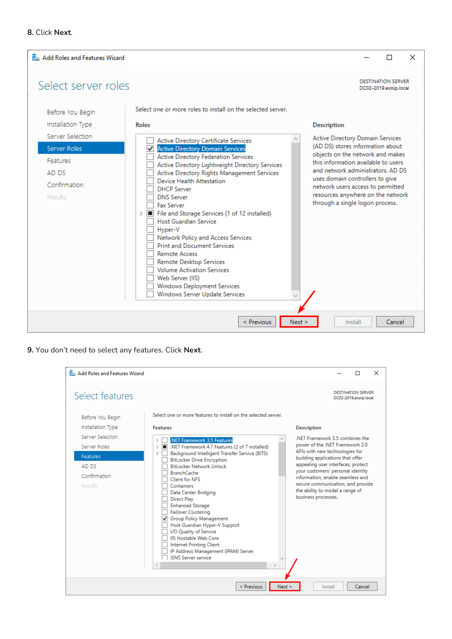 Select server roles page with Active Directory Domain Services now confirmed as checked and the Next button highlighted, and the Select features page with no additional features selected