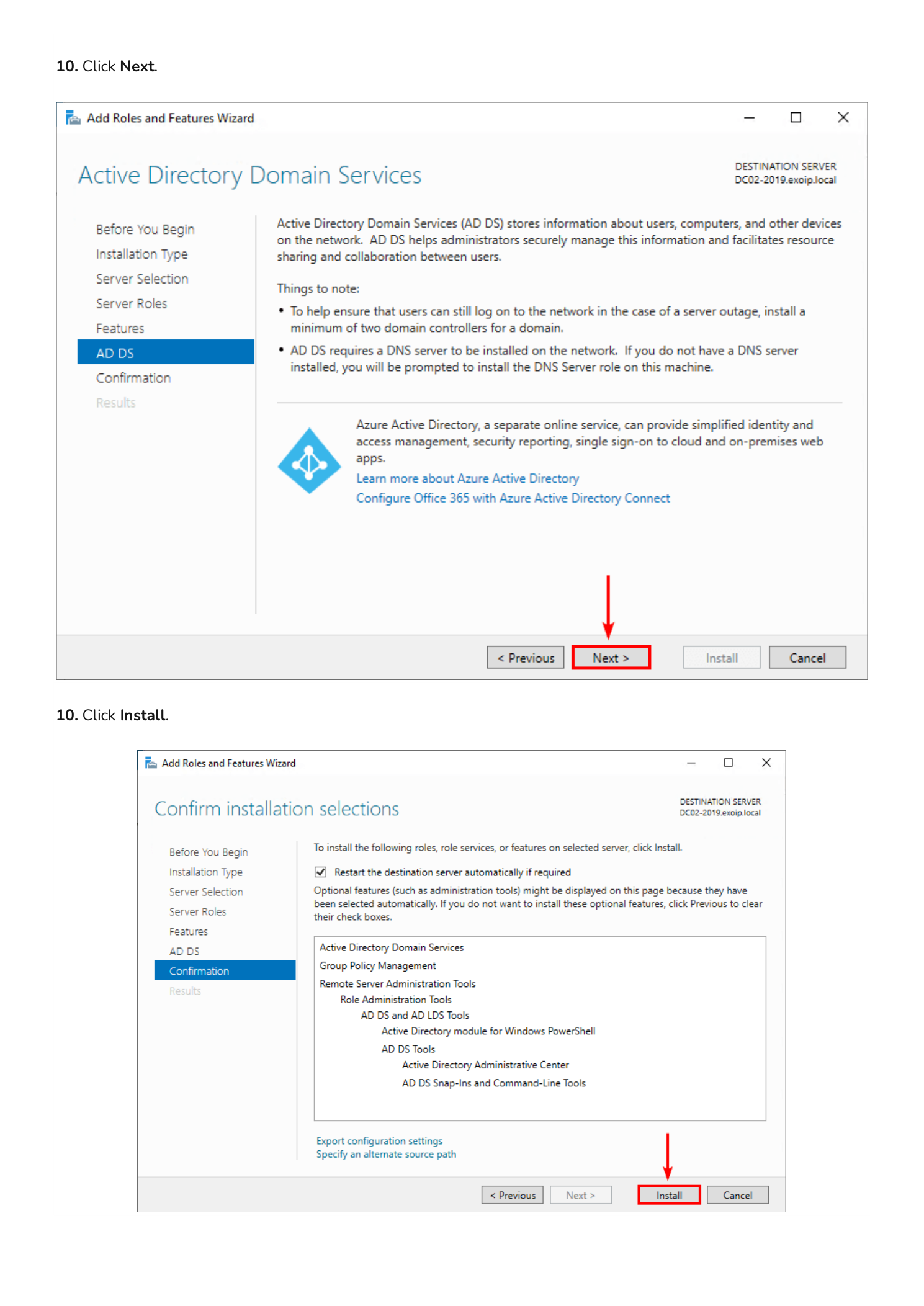 AD DS information page describing what Active Directory Domain Services provides on top, and the Confirm installation selections page below with Active Directory Domain Services and management tools queued and the Install button highlighted
