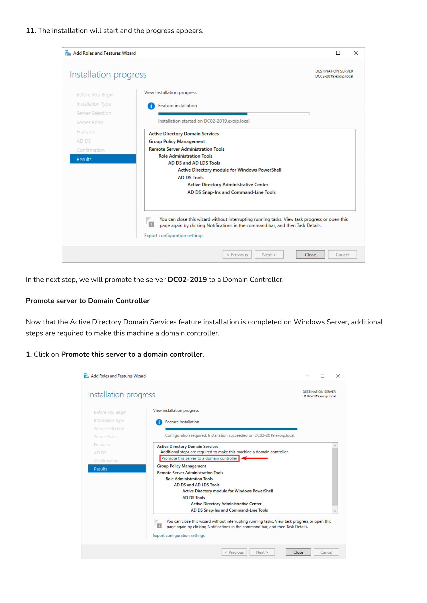 Installation progress page showing the AD DS feature being installed on DC02-2019, and the same Results page after completion with the yellow Promote this server to a domain controller link highlighted