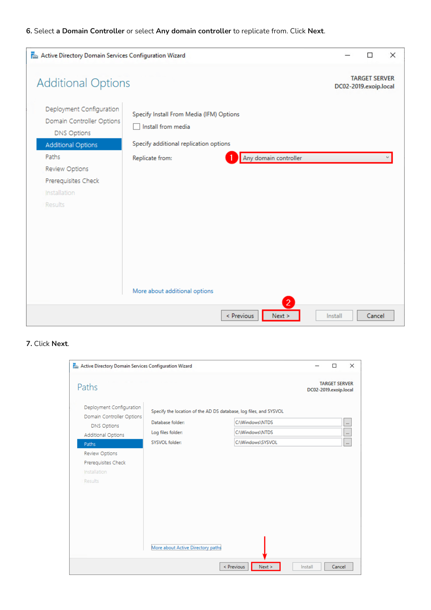 Additional Options page confirmed with Any domain controller selected as the replication source, and the Paths page showing the default locations for the AD DS database, log files, and SYSVOL folders