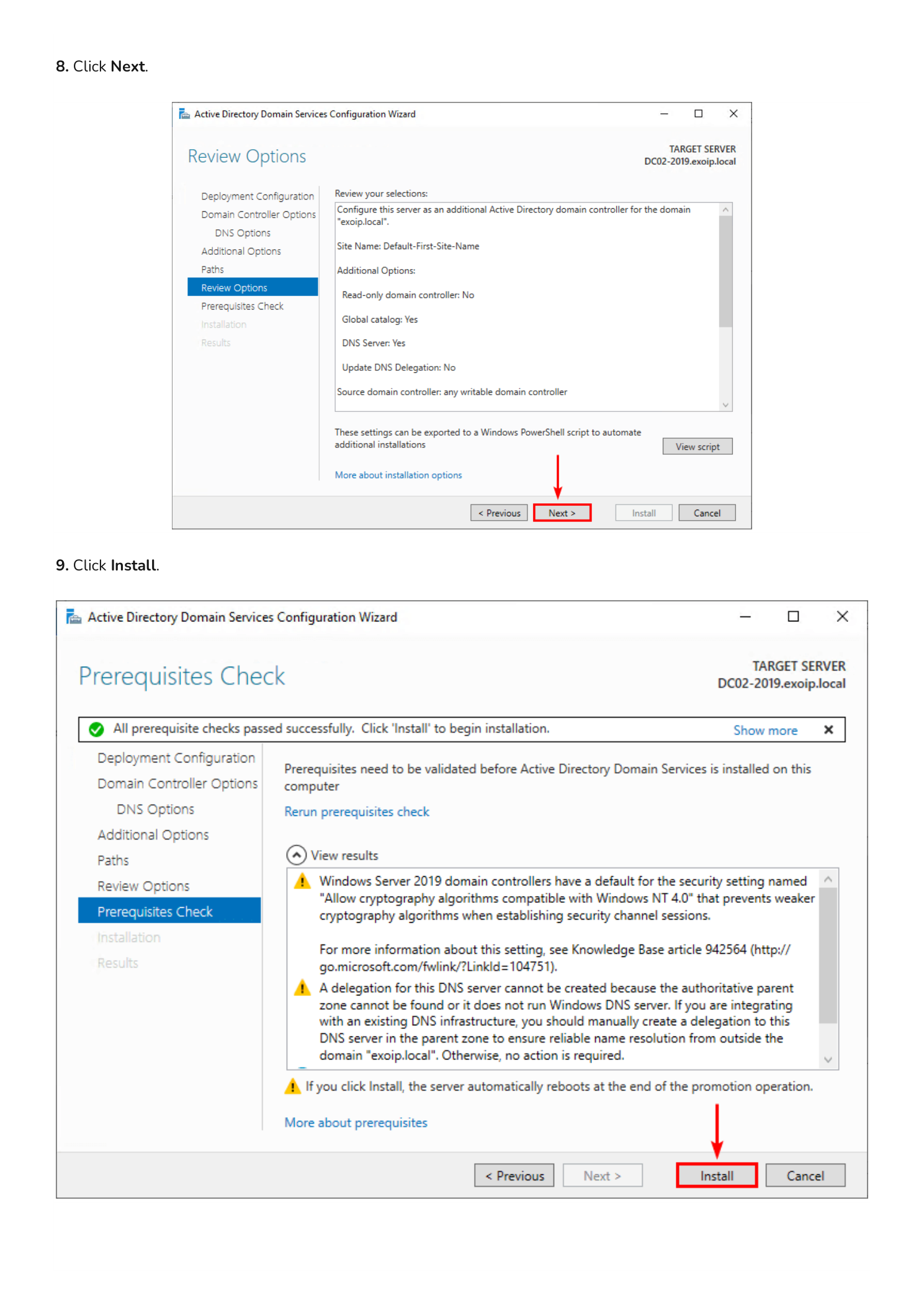 Review Options page summarizing the additional Domain Controller deployment for exoip.local, and the Prerequisites Check page reporting All prerequisite checks passed successfully with the Install button highlighted