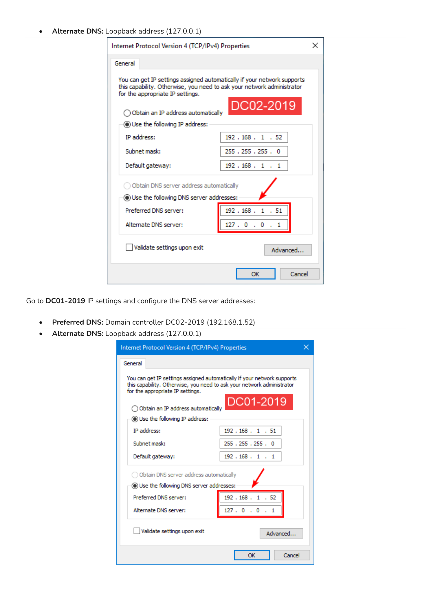 DC02-2019 IPv4 Properties dialog with Preferred DNS 192.168.1.51 from DC01-2019 and Alternate DNS 127.0.0.1 loopback, alongside the DC01-2019 IPv4 Properties dialog with Preferred DNS 192.168.1.52 from DC02-2019 and Alternate DNS 127.0.0.1 loopback