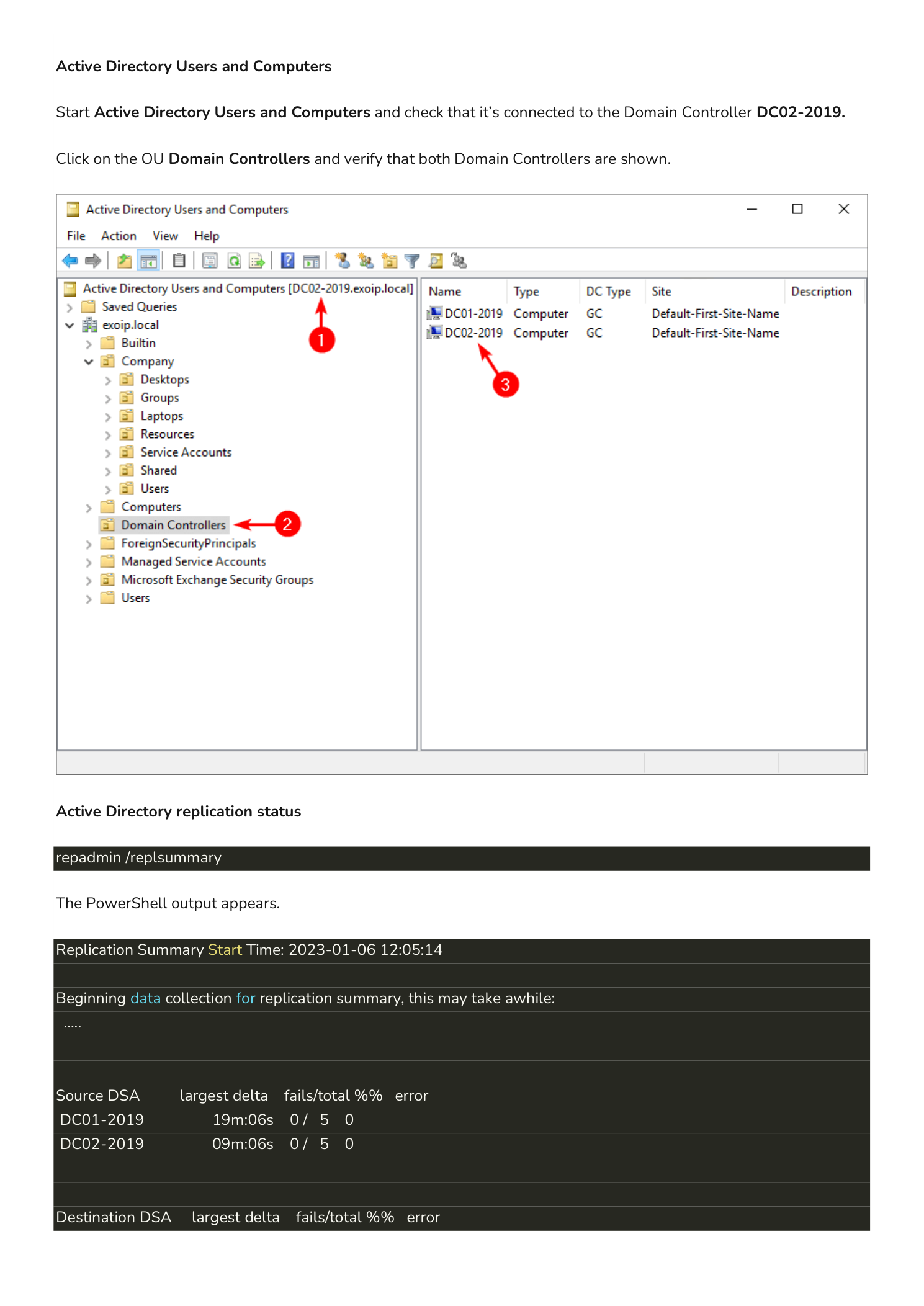 Active Directory Users and Computers connected to DC02-2019 with the Domain Controllers OU expanded showing both DC01-2019 and DC02-2019 as Computers of DC type GC, and a PowerShell window running repadmin /replsummary with both DCs reporting 0 fails out of 5