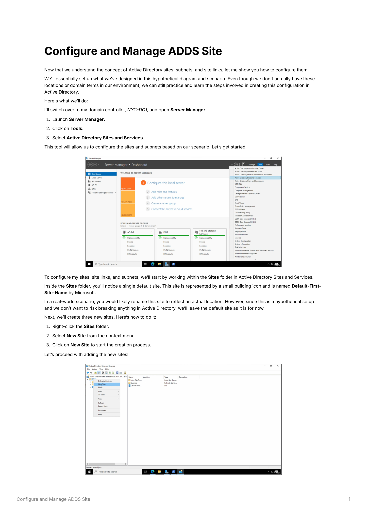 Active Directory Sites and Services console showing the Sites folder selected in the left panel with the Default-First-Site-Name entry visible, and the right-click context menu with New Site highlighted