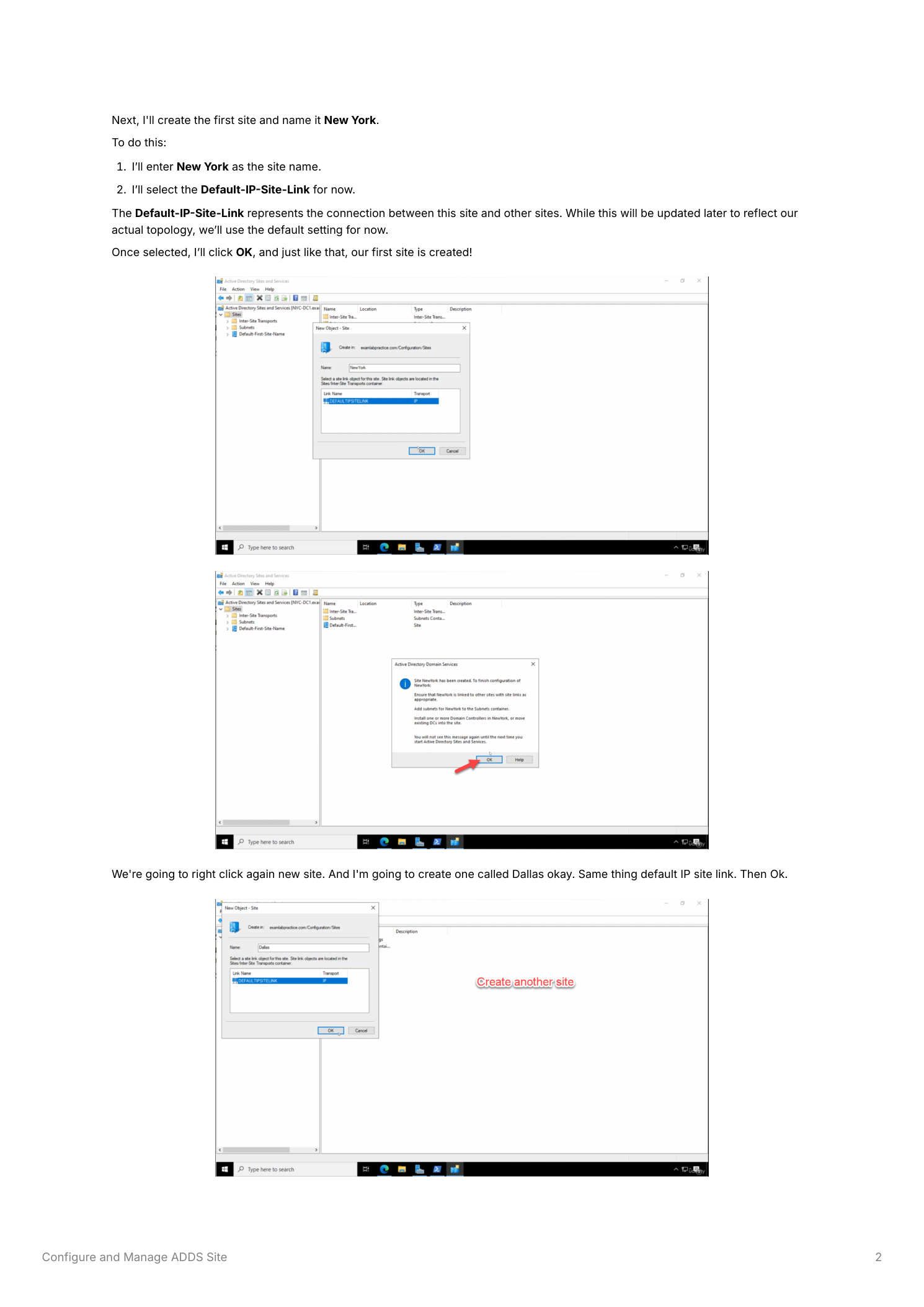 New Site dialog with New York entered as the site name and Default-IP-Site-Link selected, followed by the confirmation that the site was successfully created, and a second New Site dialog creating Dallas