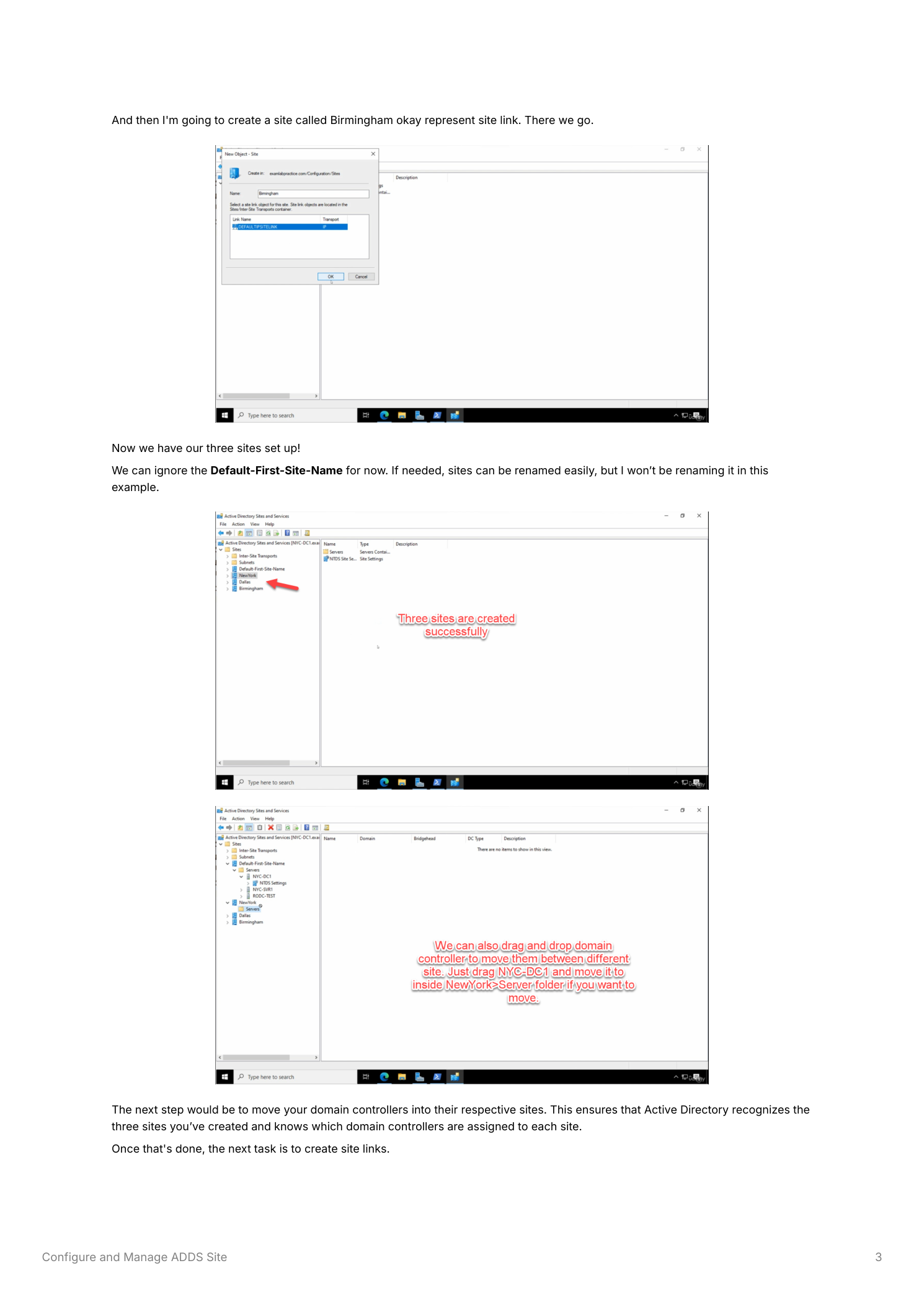 Active Directory Sites and Services showing all three new sites  -  New York, Dallas, and Birmingham  -  in the Sites folder, with a note that domain controllers should be moved to their respective sites