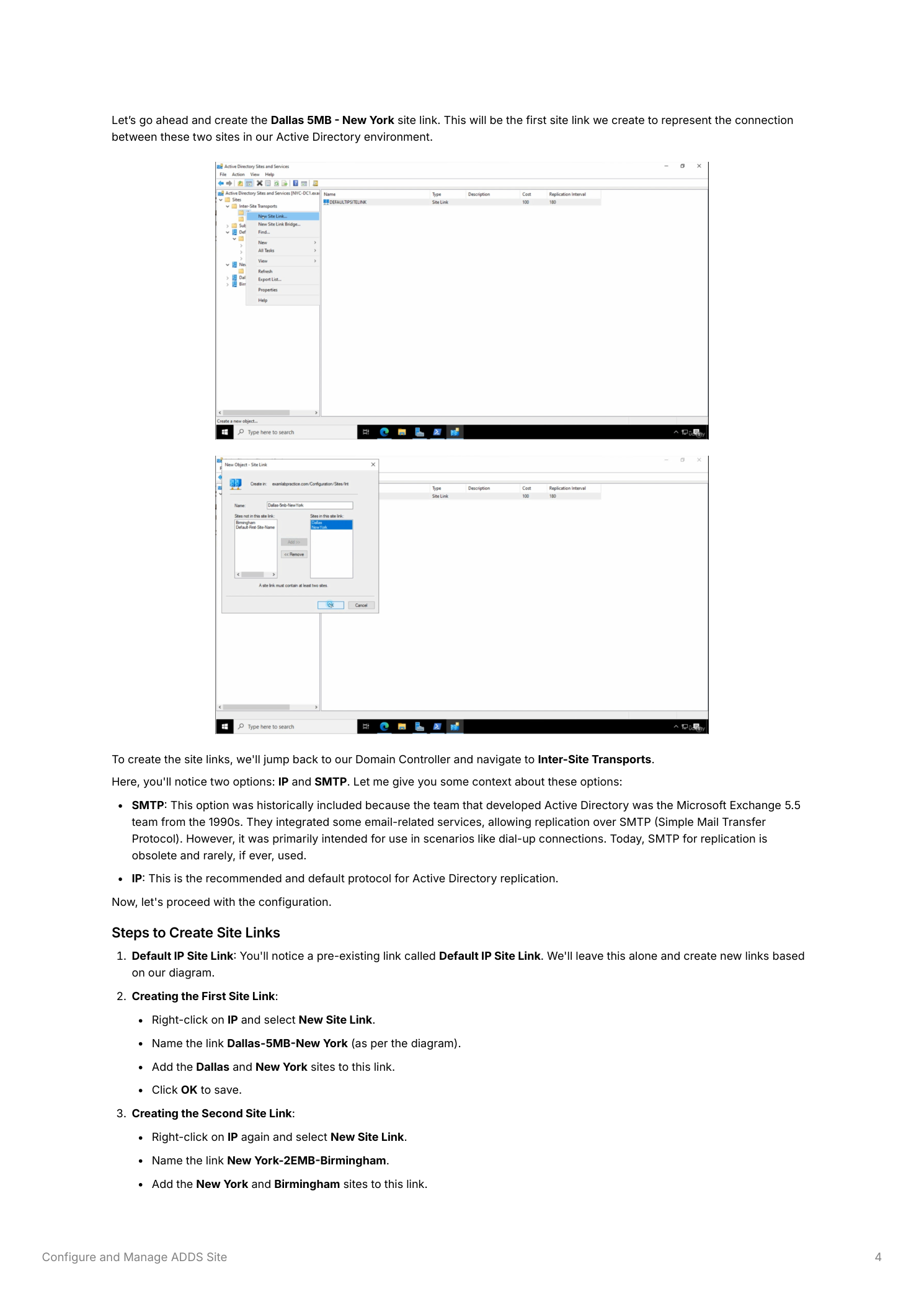 Active Directory Sites and Services showing the Inter-Site Transports section with IP and SMTP options, and the New Site Link dialog creating the Dallas-5MB-New York link with Dallas and New York added to the link