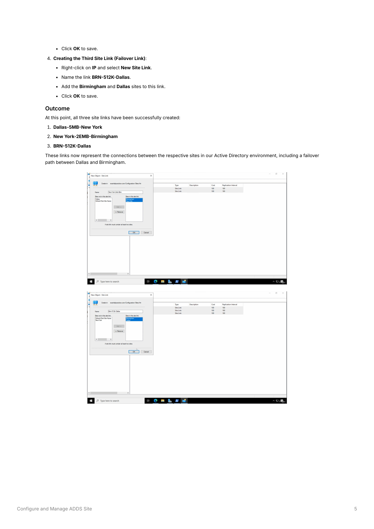 Two New Site Link dialogs  -  one creating BRN-512K-Dallas with Birmingham and Dallas added, and the completed IP section showing all three site links listed: Dallas-5MB-New York, New York-2EMB-Birmingham, and BRN-512K-Dallas