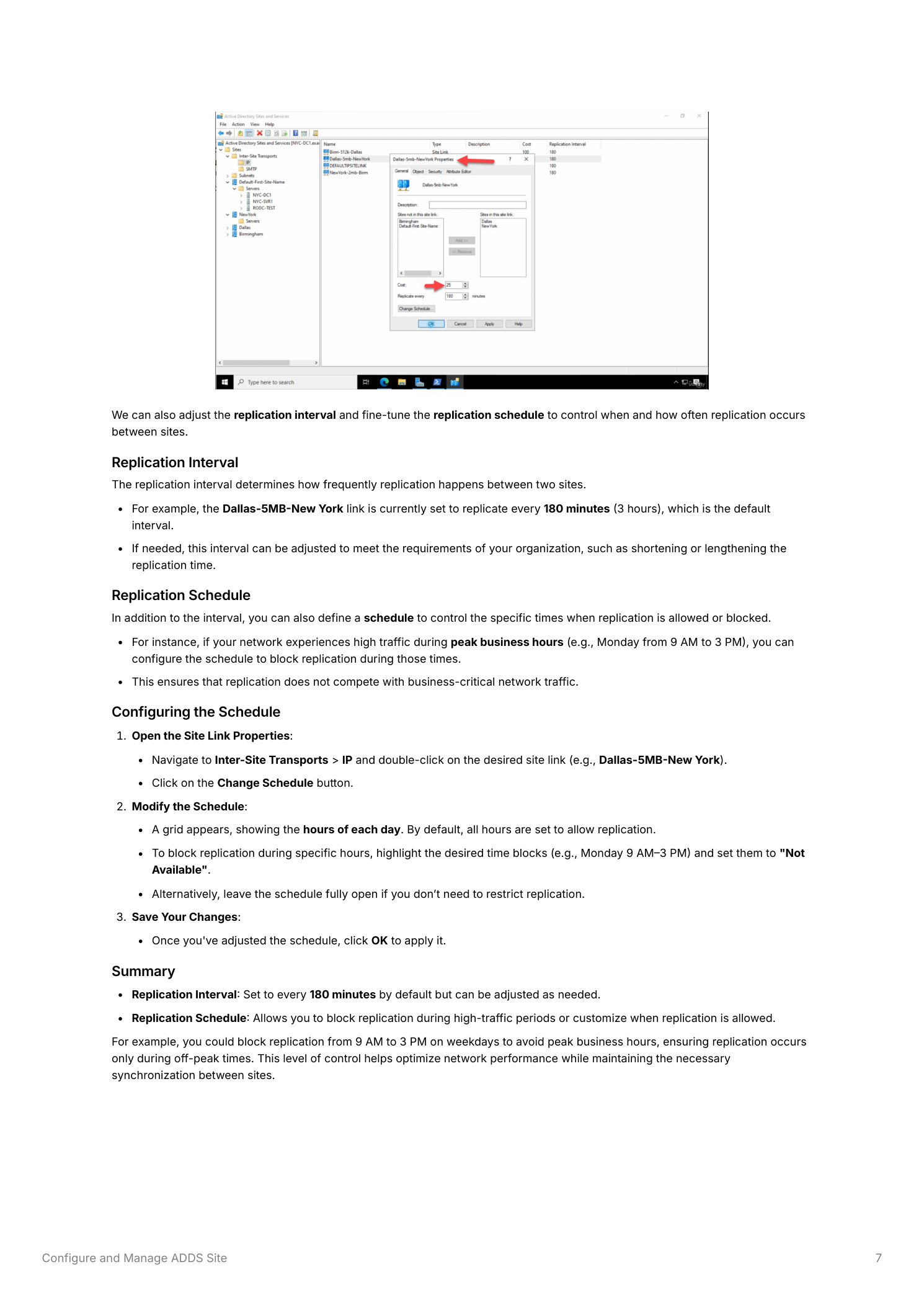 Site Link properties dialog showing the replication interval set to 180 minutes and the Change Schedule button, alongside the schedule grid with green blocks representing hours when replication is allowed