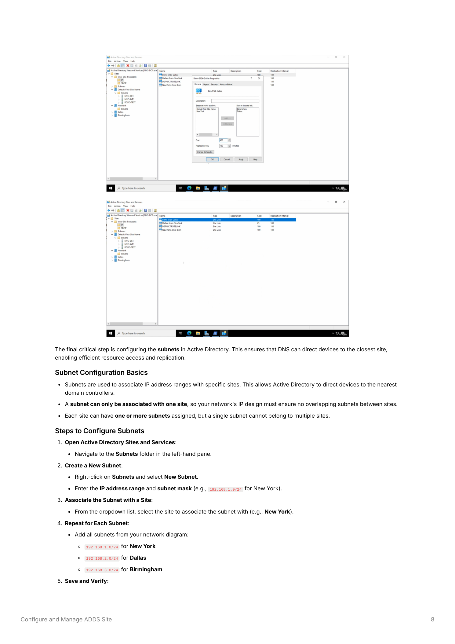Active Directory Sites and Services showing the Subnets folder with the right-click New Subnet option, and the New Object  -  Subnet dialog with an IP address range entered and the site association dropdown showing New York selected