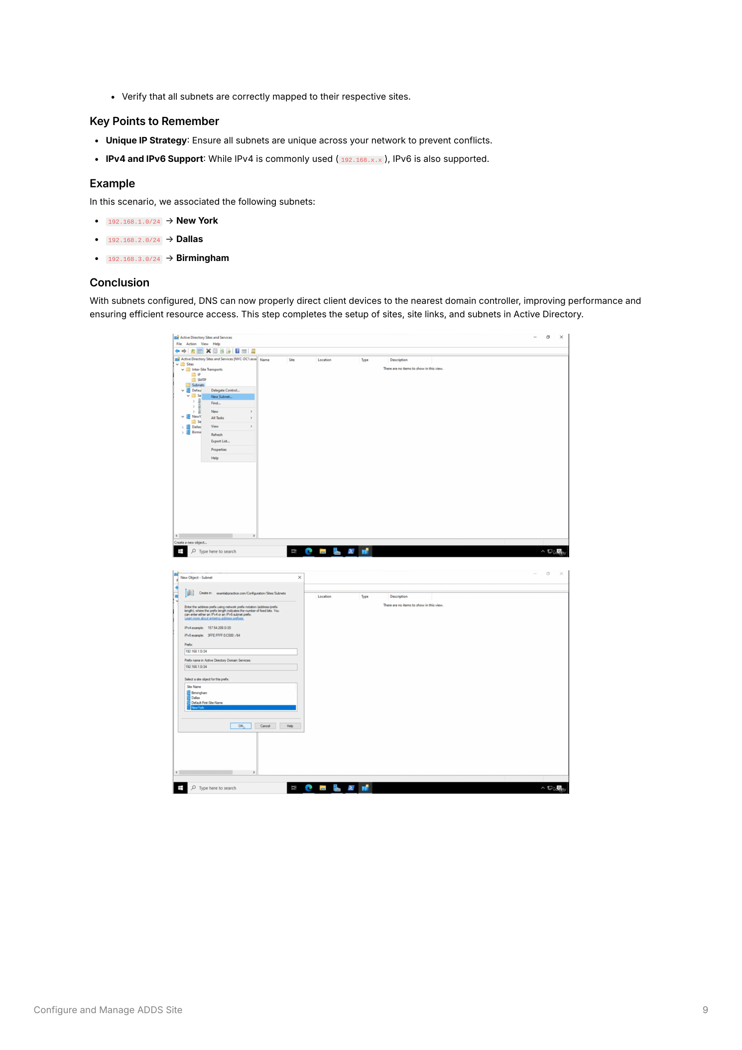 New Object  -  Subnet dialog showing 192.168.3.0/24 entered with Birmingham selected as the associated site, and the completed Subnets folder showing all three subnets listed and mapped to their respective sites