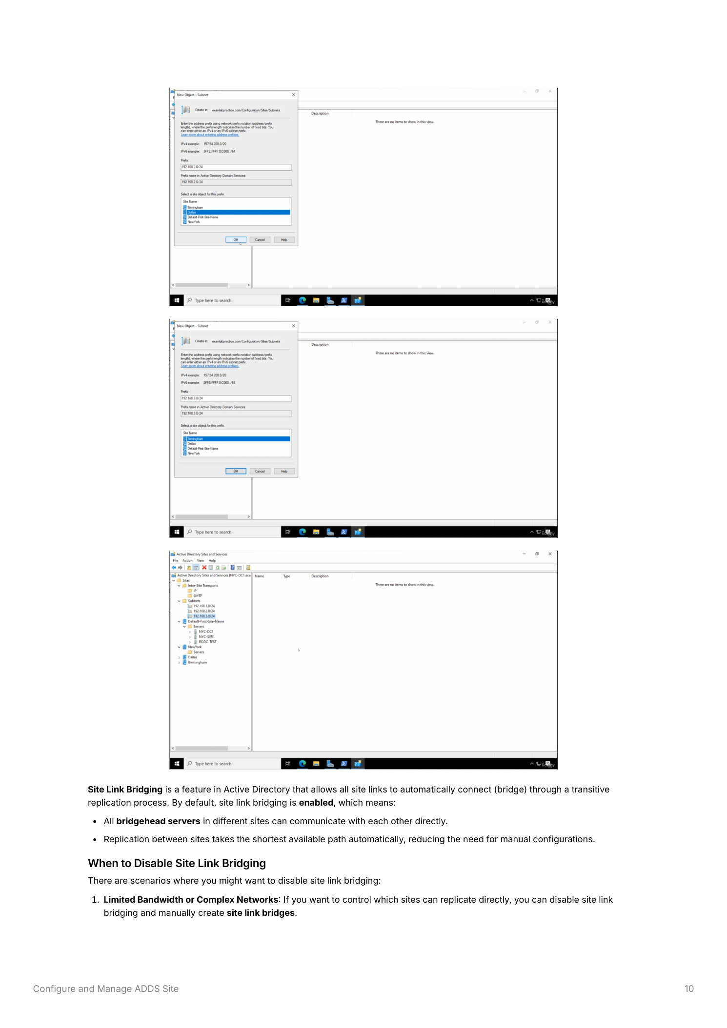 Active Directory Sites and Services showing the IP transport node with subnet and site link configurations, and explanatory notes about site link bridging being enabled by default allowing transitive replication between all sites