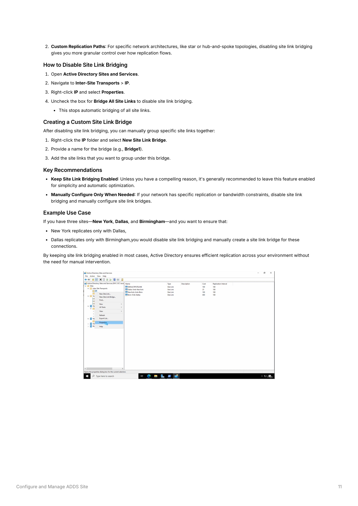 IP Properties dialog with Bridge All Site Links checkbox highlighted, and the New Site Link Bridge dialog showing a custom bridge being created with specific site links added to control replication paths