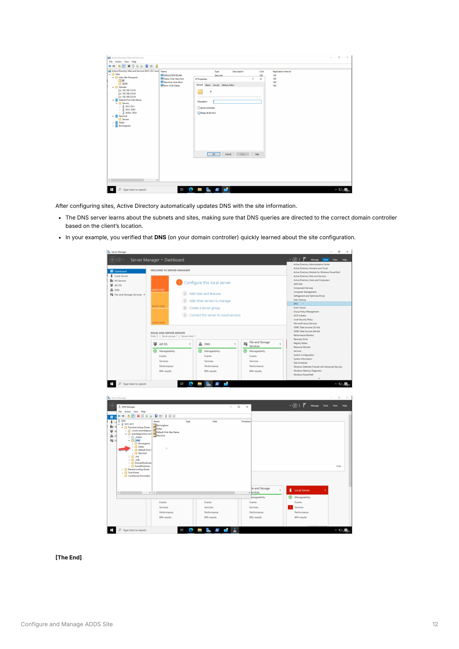 Server Manager Dashboard and Active Directory Sites and Services showing the completed three-site topology with New York, Dallas, and Birmingham sites, all three site links, and the subnet associations configured