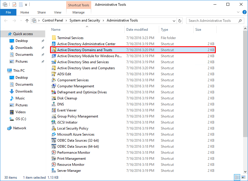 Administrative Tools window with Active Directory Domains and Trusts highlighted