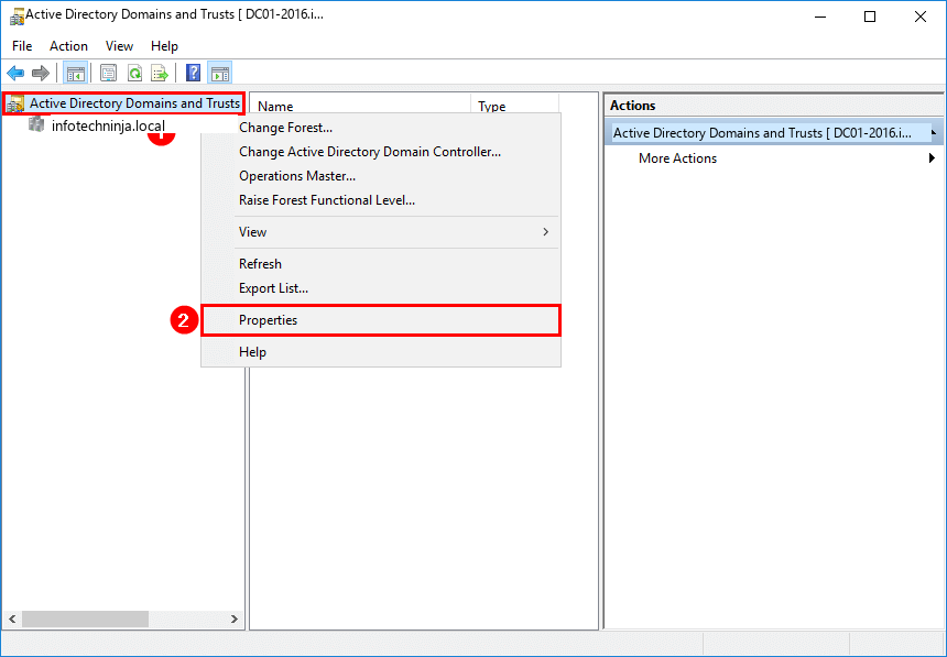 Right-click menu on the Active Directory Domains and Trusts root node with Properties highlighted