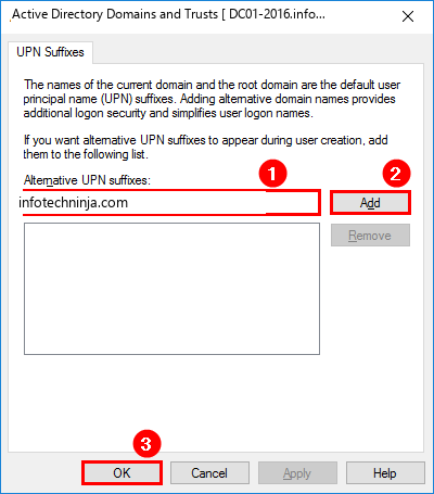 UPN Suffixes tab with infotechninja.com entered in Alternative UPN Suffixes and the Add button highlighted